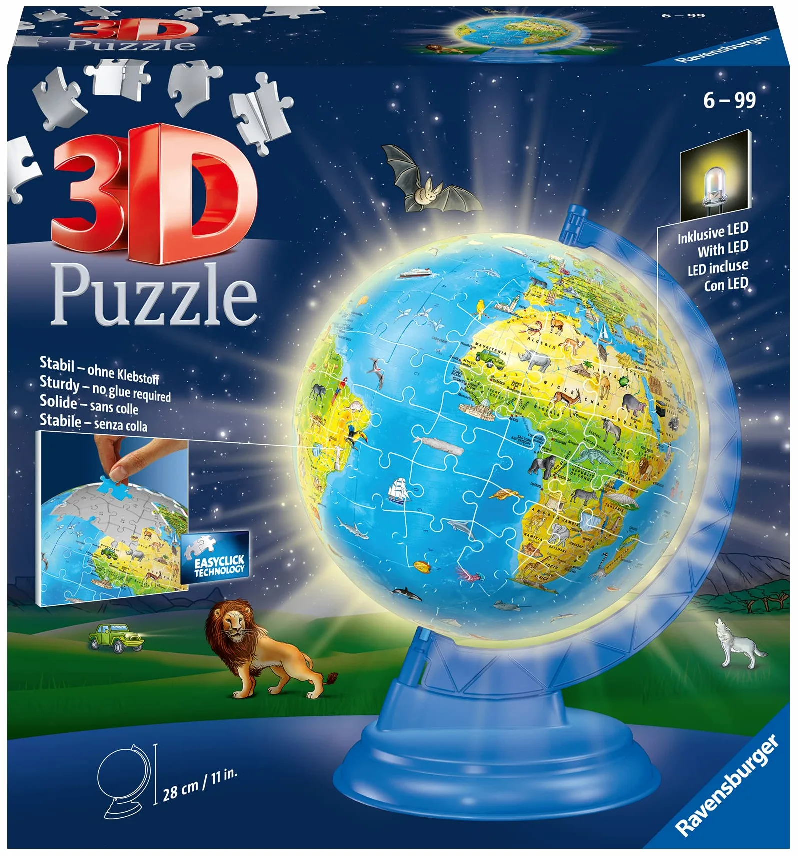 Ravensburger Mappamondo luminoso per bambini dai 6 anni in su, puzzle 3D, 180 pezzi + accessori, non richiede colla