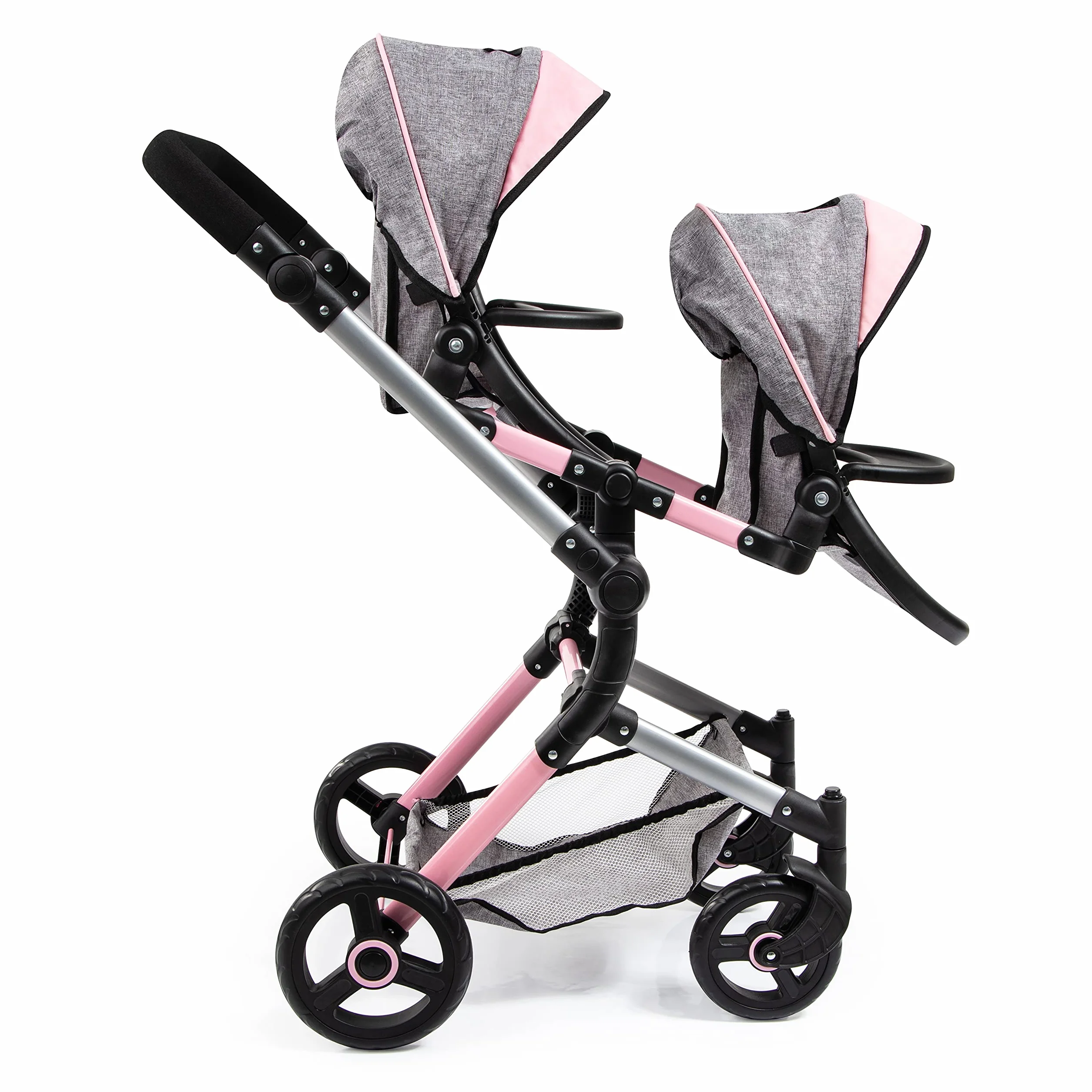 Bayer Design 26233AA carrozzina gemellare per bambole Twin Neo con borsa, passeggino doppia, regolabile in altezza, pieghevole, sedili inseribili singolarmente, ruote anteriori piroettanti