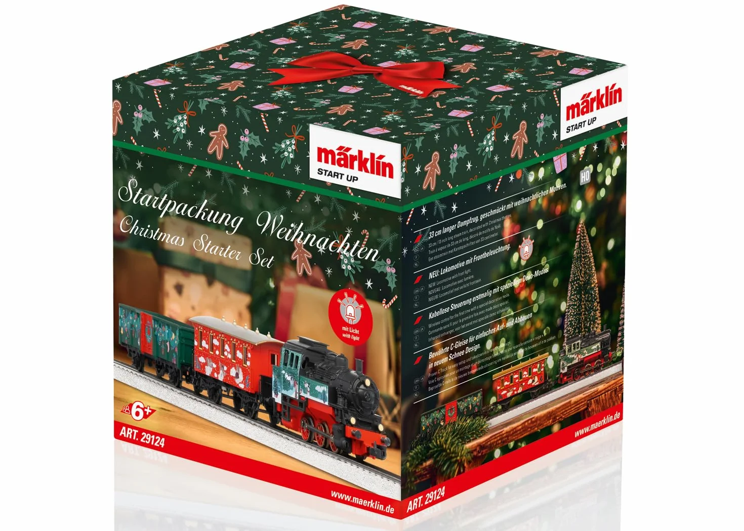 Märklin Start up 29124 – Kit di partenza Natale con flok, auto e carrello merci in design natalizio, H0, dai 6 anni in su, ideale per entrare nel mondo del modellismo