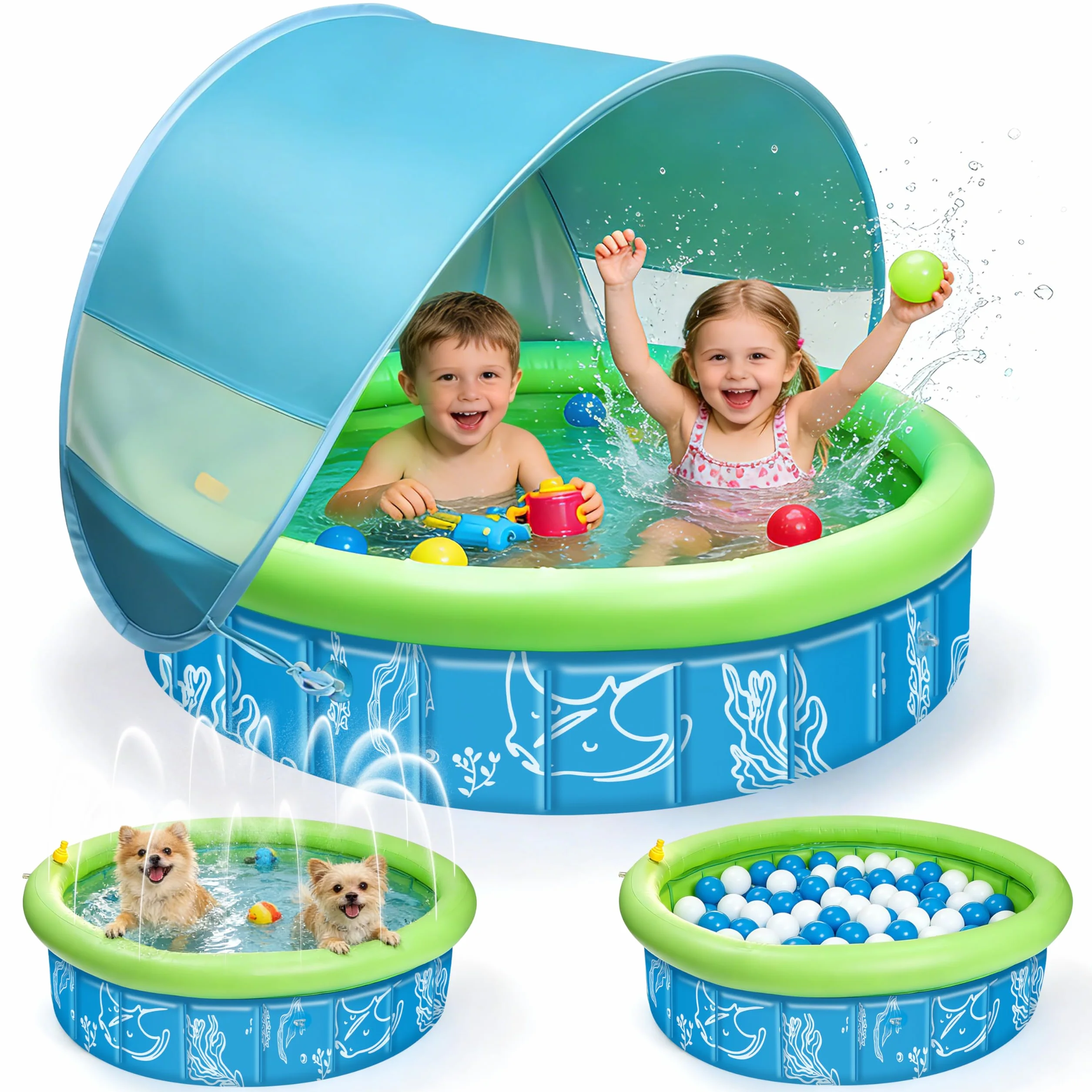 Piscina per Bambini Pop-Up 4-in-1, 100x30 cm Tenda da Spiaggia con Spruzzi d'Acqua, Piscinetta Neonato Spiaggia con Anti-UV SPF 50+, Tenda Portatile per Giardino, Spiaggia Picnic