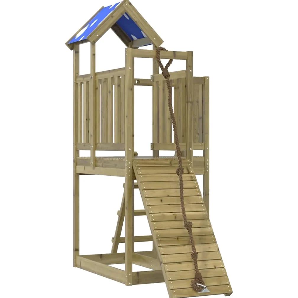 Torre gioco in legno di pino impregnato con piattaforma da 90 cm, rampa da arrampicata, scala e sabbiere, con tetto a nuvola e ringhiera di sicurezza per esterni