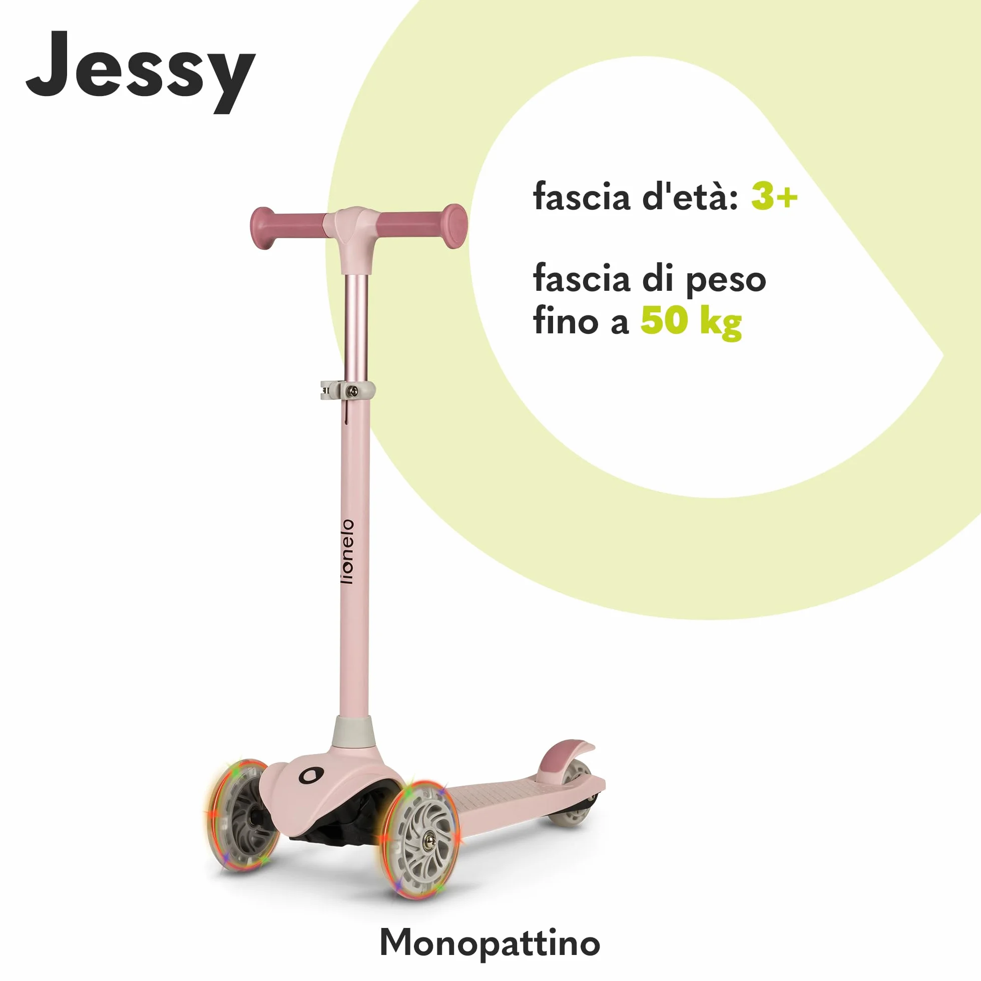 Lionelo Jessy Monopattino Evolutivo per Bambini 3+ 50kg Scooter con Ruote LED Pedana Antiscivolo Freno Acciaio Regolabile 4 Altezze Leggero 2.3kg