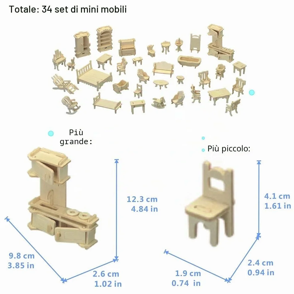 Cuteroom Mobili per casa delle bambole in legno - 34 pezzi - adatti per casa delle bambole, marrone chiaro