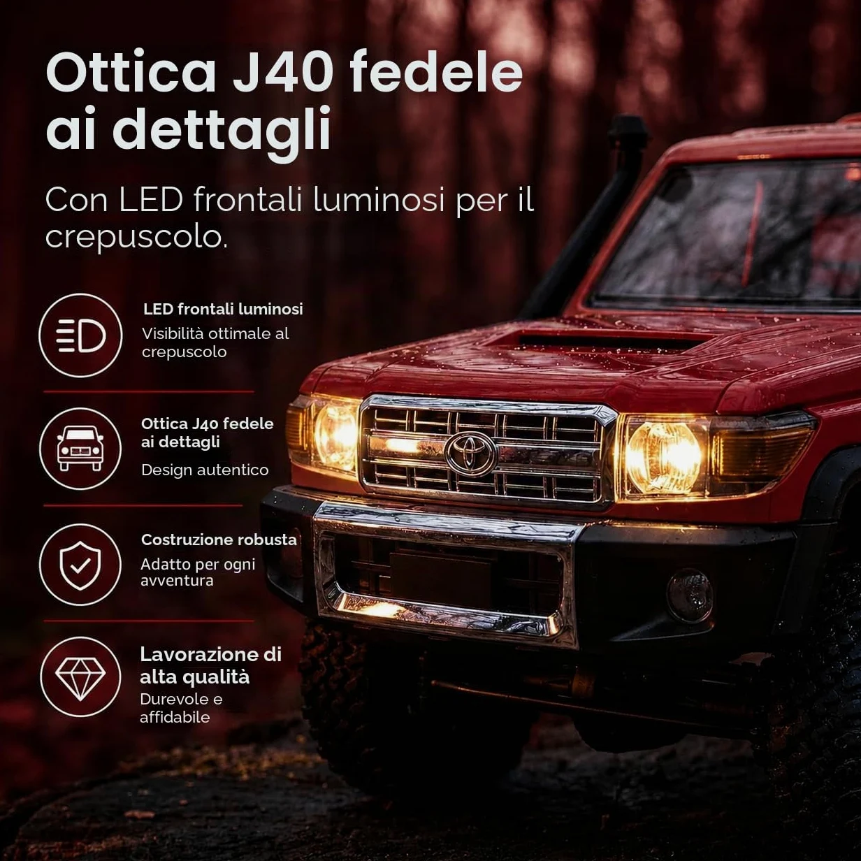 Toyota Land Cruiser | Auto RC telecomandato 1:12 | 4WD Crawler Pickup | Controllo 2,4 GHz 100 m | Luce LED | Li-Ion 7,4 V 500 mAh 30 min | Set completo RTR Offroad (Rosso)