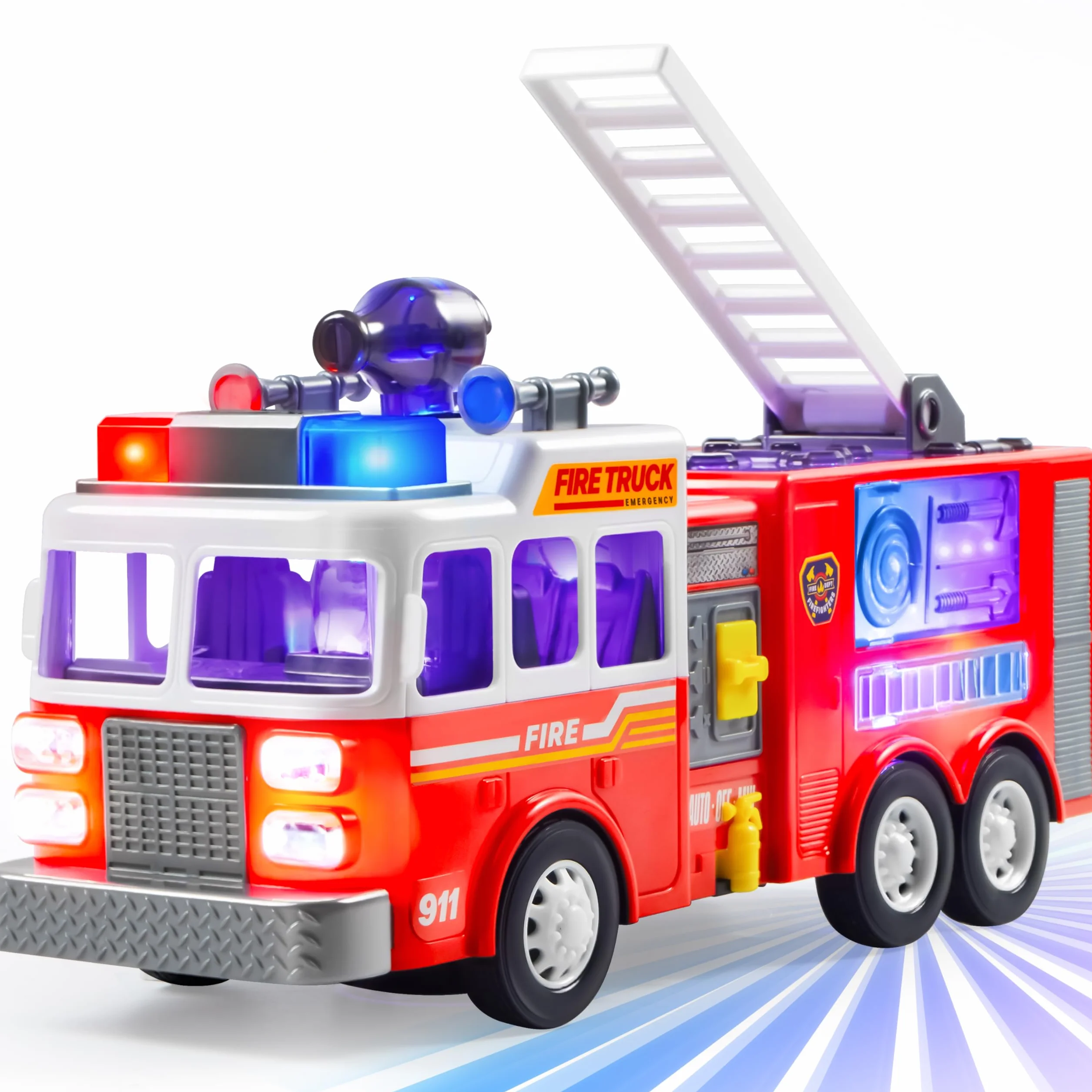 JOYIN Camion dei pompieri a LED, giocattolo per bambini, proiezioni a LED e sirene, camion dei pompieri con interruttore di modalità e controllo del volume, giocattolo per ragazzi e ragazze