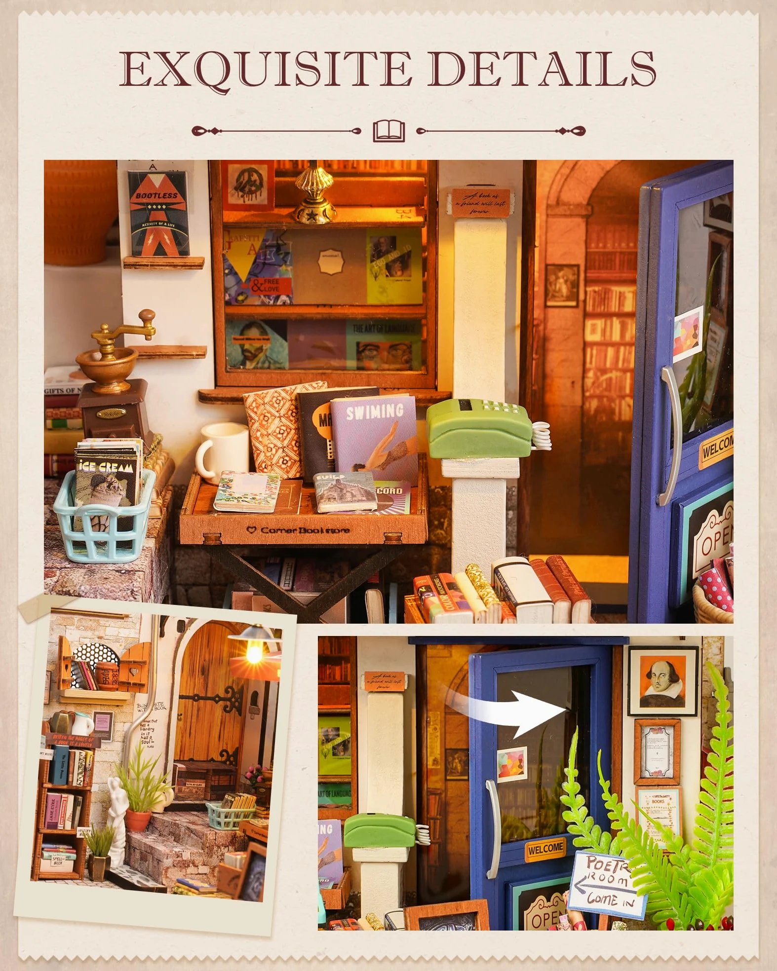 Rolife Casa delle Bambole Libreria ad Angolo con Luci LED Kit Casa in Miniatura Fai da Te Casa delle Bambole Kit con Mobili Modello in Legno 3D Puzzle Regalo di Natale per Bambini e Adulti