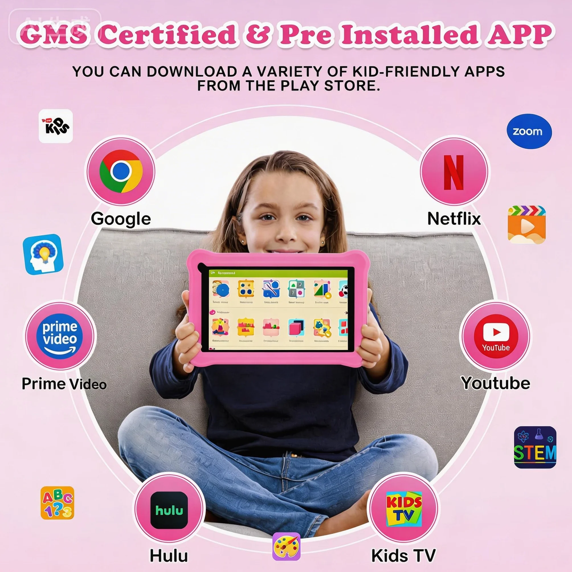 Tablet bambini 7 pollici con Controllo Parentale, Android 13, Schermo IPS, 8GB RAM 64GB ROM(256 GB Espandibile), WiFi, App Pre-installed, Doppia fotocamera, Tablet Educativo con Custodia (Rosa)