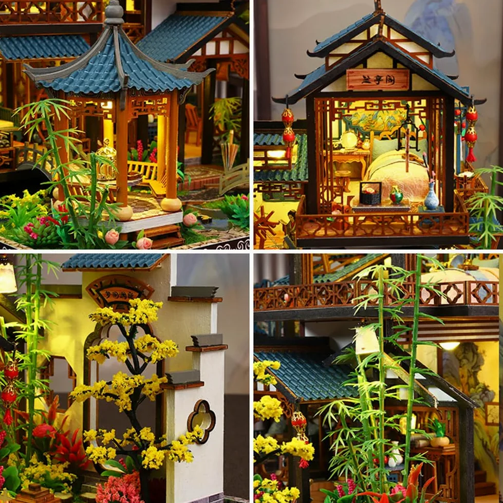 Kit per casa delle bambole montato in legno 3D fai da te in miniatura stile cinese palcoscenico edificio con musica creatività Halloween regalo di compleanno (senza copertura antipolvere)