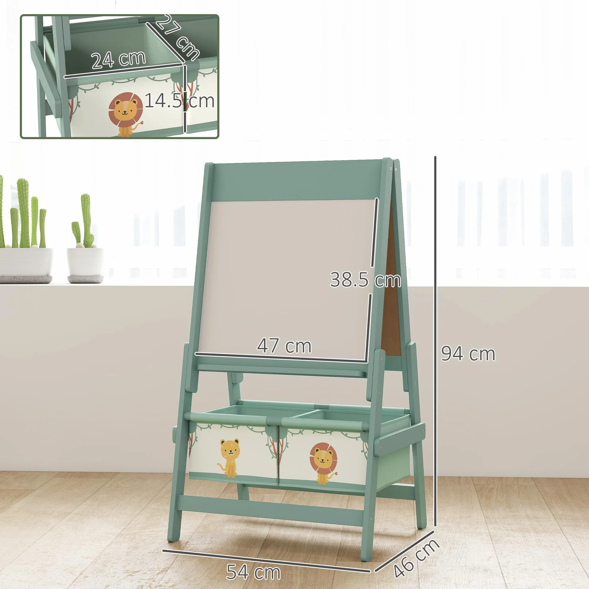 AIYAPLAY Lavagna per Bambini 3 in 1 con Rotolo di Carta e Cestelli Portaoggetti, Cavalletto in Legno di Pino e MDF, 54x46x94 cm, Verde