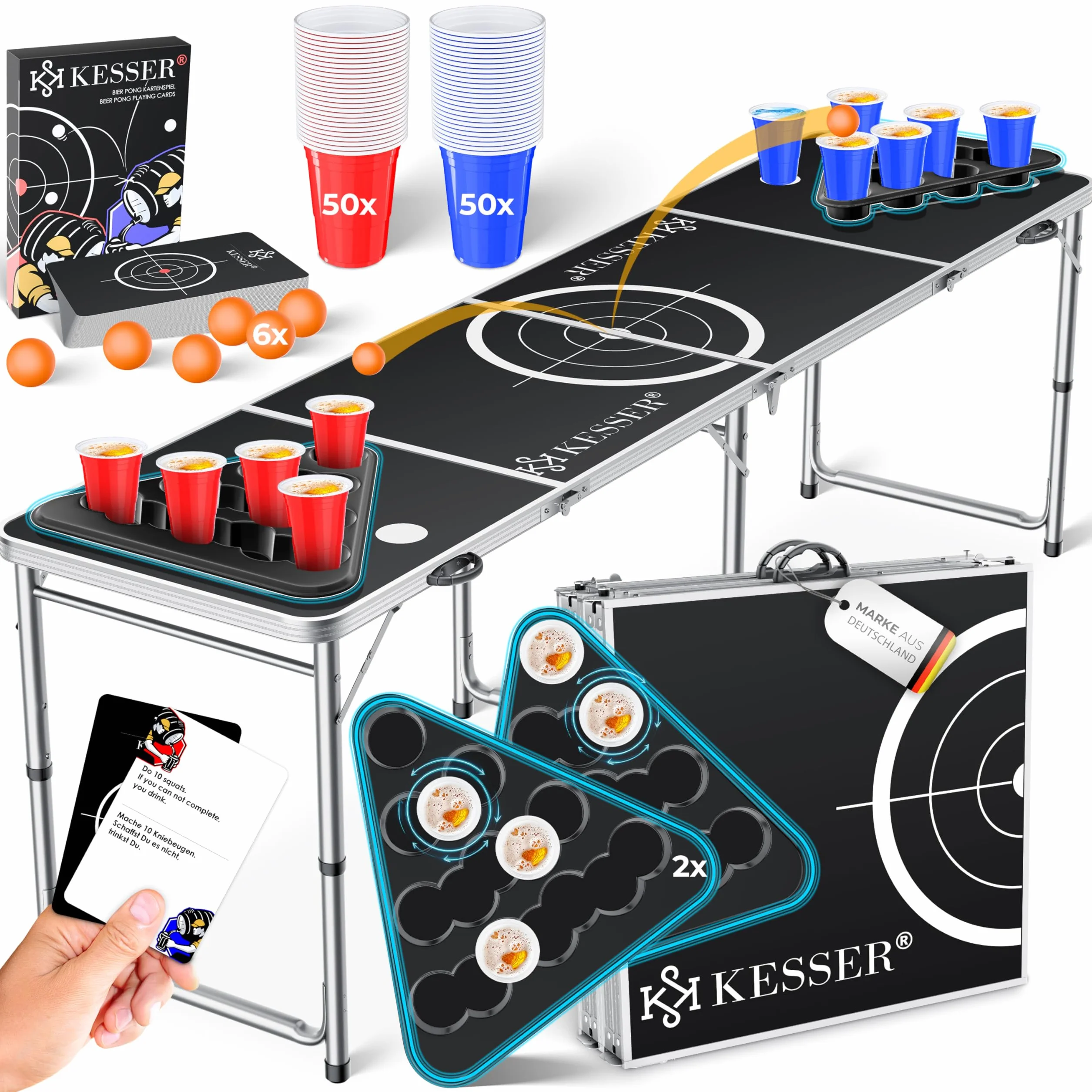 KESSER® Beer Pong Set da Tavolo con Gioco di Carte, con 100 Bicchieri (50 Rossi e 50 Blu), 6 Palline + Set di Regole, Tavolo per Feste, Regolabile in Altezza, Classic + Carte