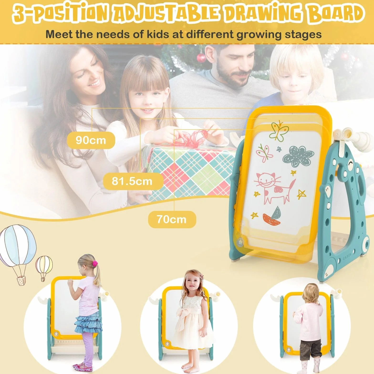 HOMASIS Cavalletto da pittura per bambini con sedia, lavagna per bambini ad altezza regolabile, tavolino multifunzione e salvaspazio, con penne, gomma per lavagne bianche, blu e giallo