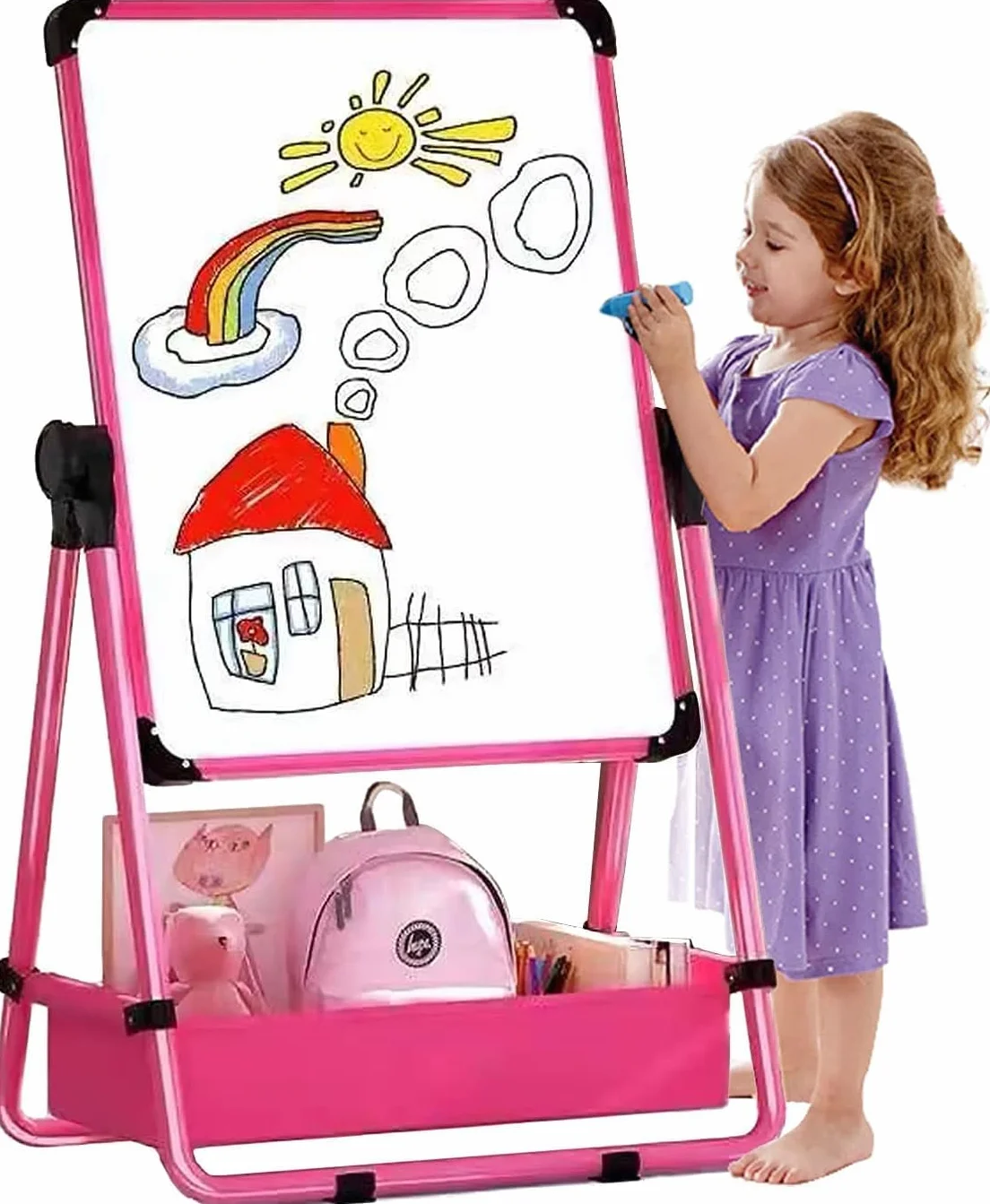 Lavagna Bambini con Cavalletto Pieghevole Lavagna per Bambini Double Face Regolabile in Altezza Girevole a 360° Cavalletto Pittura per Bambini 3 Anni Regalo per Ragazzi e Ragazze (Rosa)