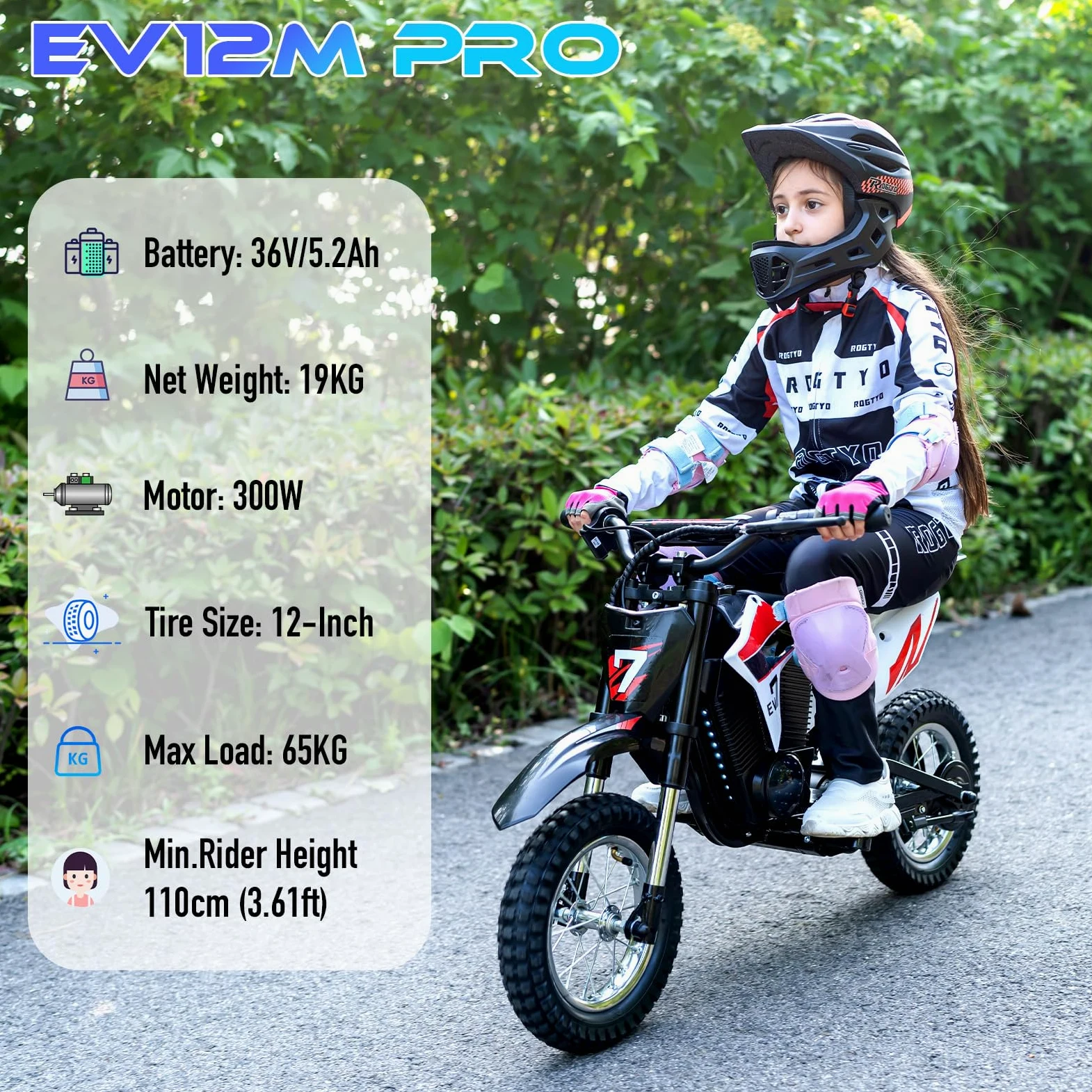 EVERCROSS EV12M PRO Motocicletta Elettrica Bambini, 300 W, Bluetooth e LED | Moto Elettrica per Bambini da 110 cm, 3 Velocità, 18 km di Autonomia, Batteria 5,2 Ah, Ruote 12 pollici, Sospensioni