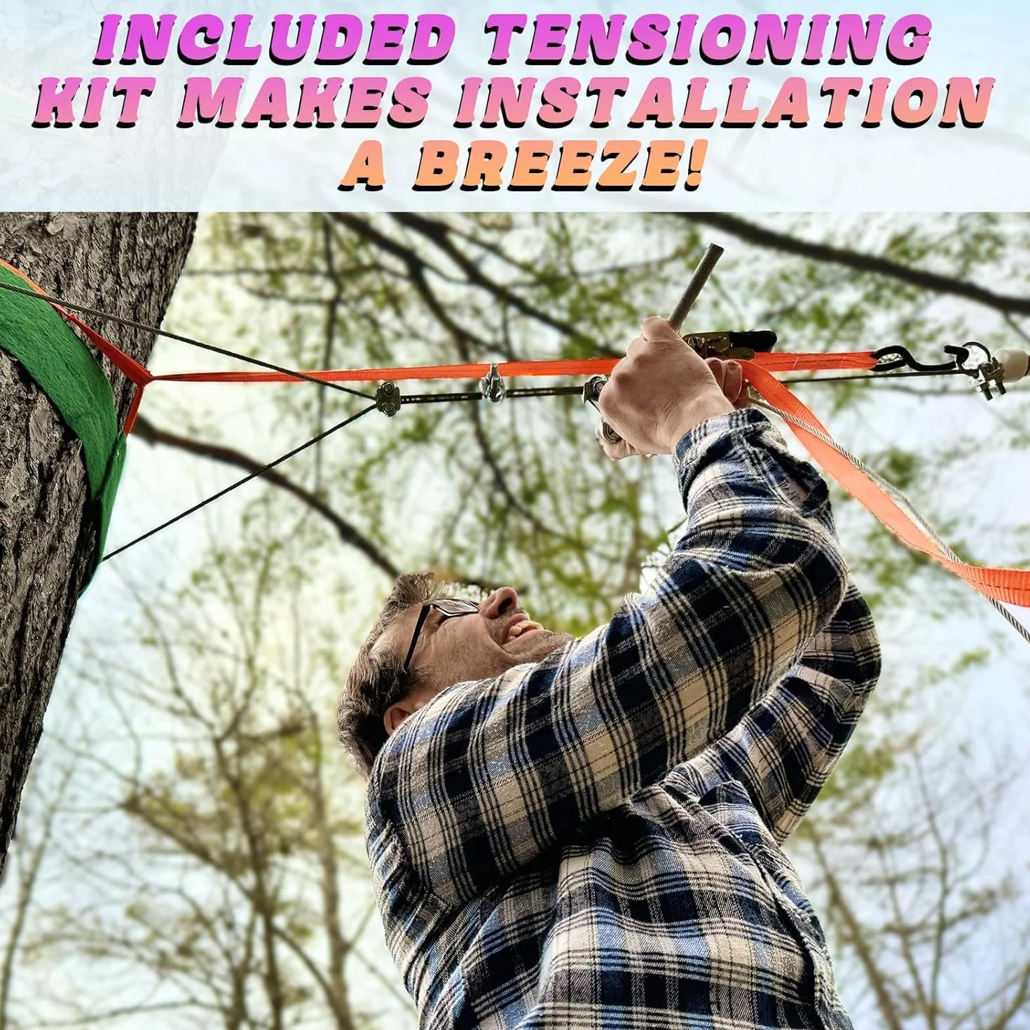 CTSC Kit zip line per giardino, 25 m, kit zip line per bambini e adulti, con freno a molla in acciaio inossidabile, kit di tensionamento, imbracatura di sicurezza, protezioni per alberi (25 m blu)