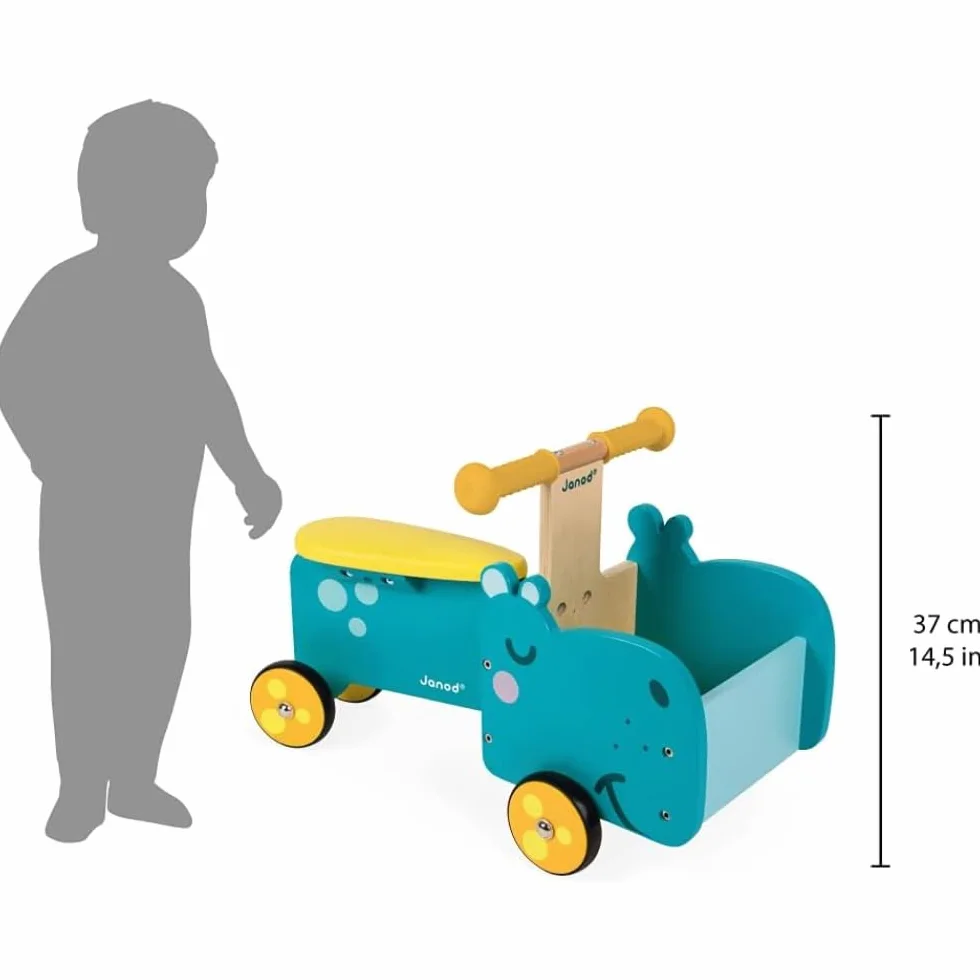 Janod Cavalcabile in Legno Ippopotamo per Bambini con Maniglie Ergonomiche e Ruote Silenziose Blu e Giallo