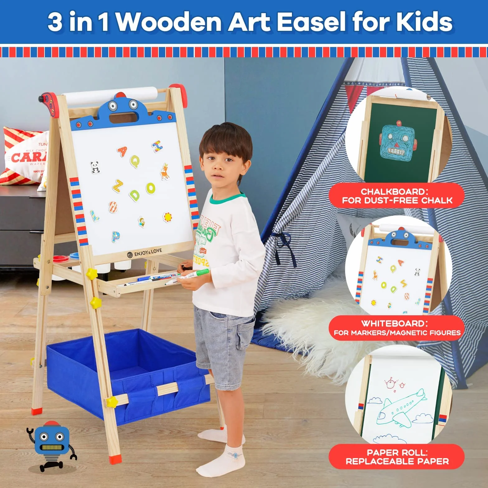 Lavagna da gioco per bambini in legno, cavalletto 3 in 1, regolabile in altezza con rotolo di carta, lavagna, adesivi per cartoni animati e 4 ciotole per colorare ricchi accessori (forma robotica)