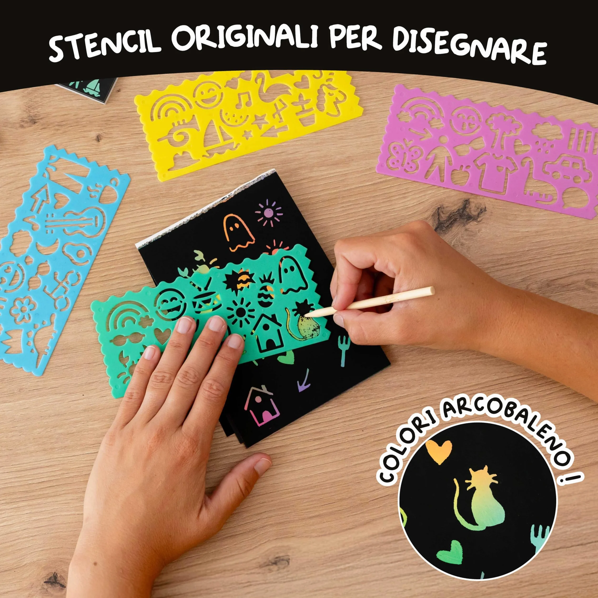 BONNYCO Scratch Art Bambini, 16 Set con Quaderno da Grattare, Stencil e Penna in Legno