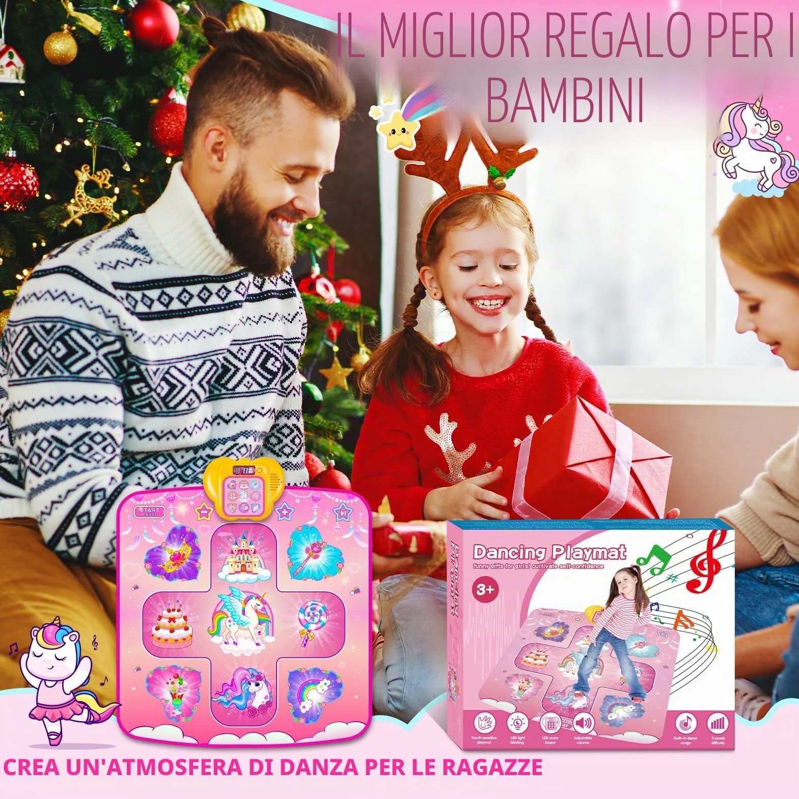 Tappetino da Ballo Unicorno per Bambine 2-6 Anni, Giocattolo Danza 5 Livelli, Regalo Compleanno Natale