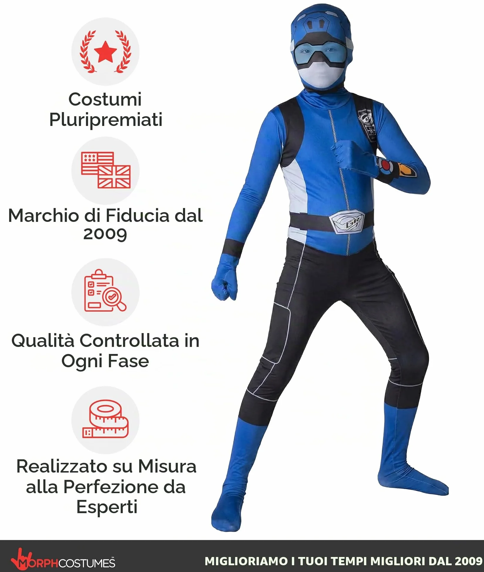 Morphsuits Costume Power Ranger Blu Bambino, Tuta Halloween Bambino | Tuta Integrale con Cappuccio e Visiera, Design Ranger Blu, Chiusura con Zip, Perfetto per Halloween, Ideale per il Cosplay
