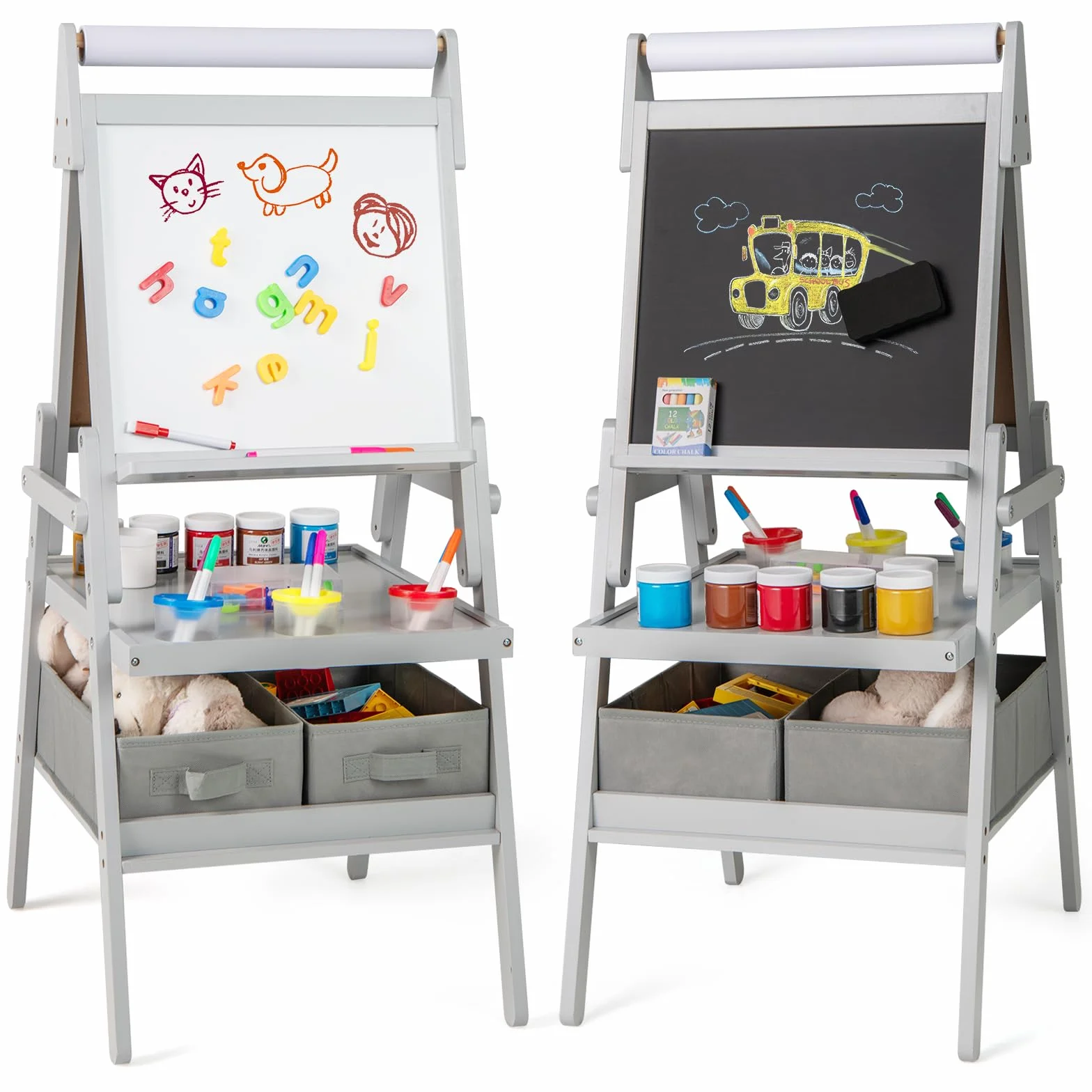 COSTWAY 3 in 1 Cavalletto per Bambini, Cavalletto con Doppia Faccia Magnetica e Lavagna Bianca, Rotolo di Carta, 3 Bicchieri per Vernice e 2 Cestini in Tessuto, per Bambini 3-6 Anni (Grigio)