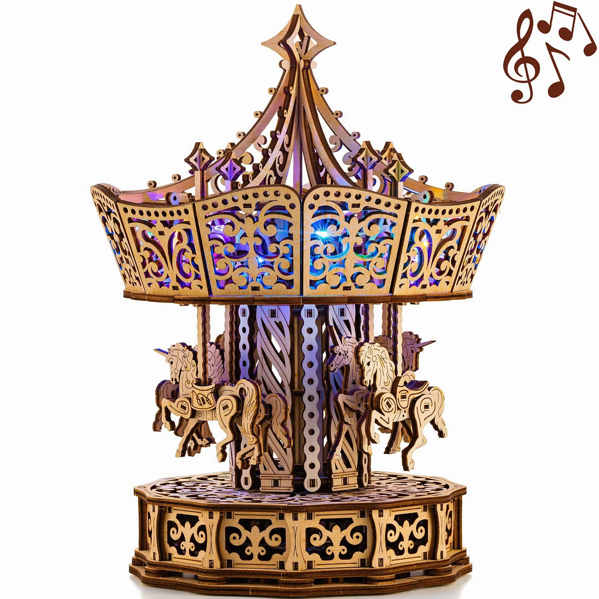 Wood Trick Parisian Carousel Puzzle 3D di Legno per Adulti da Costruire | [440 Pezzi] Carillon Rotante Retroilluminato - Kit di Montaggio Meccanico in Legno DIY per Adulti