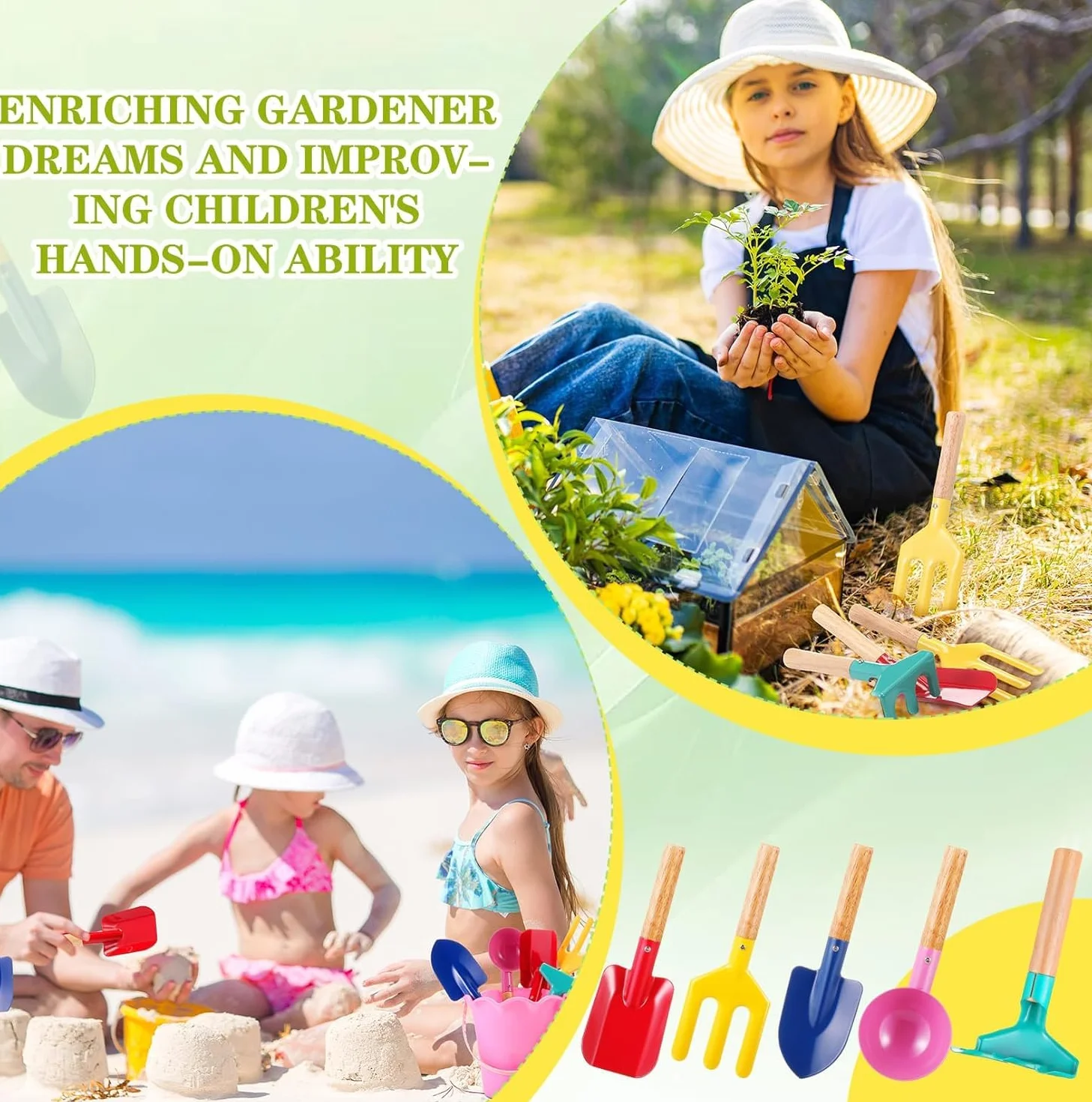 LATERN 10 Pezzi Attrezzi da Giardinaggio per Bambini, 20CM Giocattolo da Spiaggia Metallo Cucchiaio Forchetta Cazzuola Rastrello Pala con Manico in Legno per Giardino Terreno Trapianto Spiaggia Scavo