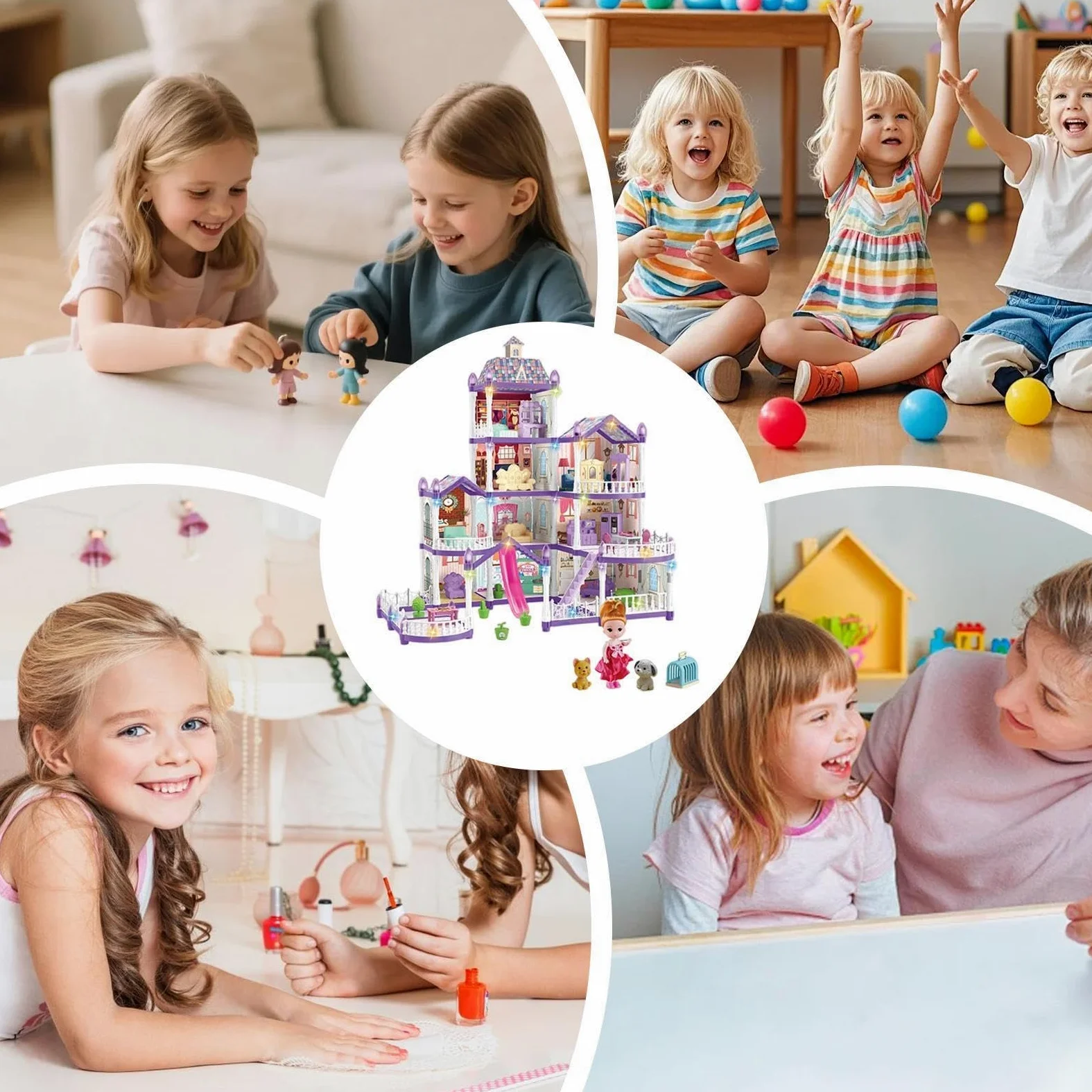 Casa Di Bambole Per Bambine 4 Piani 13 Stanze Villa Miniatura da Montare | Piccola Casa Delle Bambole Con 3 Principesse 2 Cuccioli E Arredo Per Bambine 4-6 di Ruolo Indoor Regalo per Feste