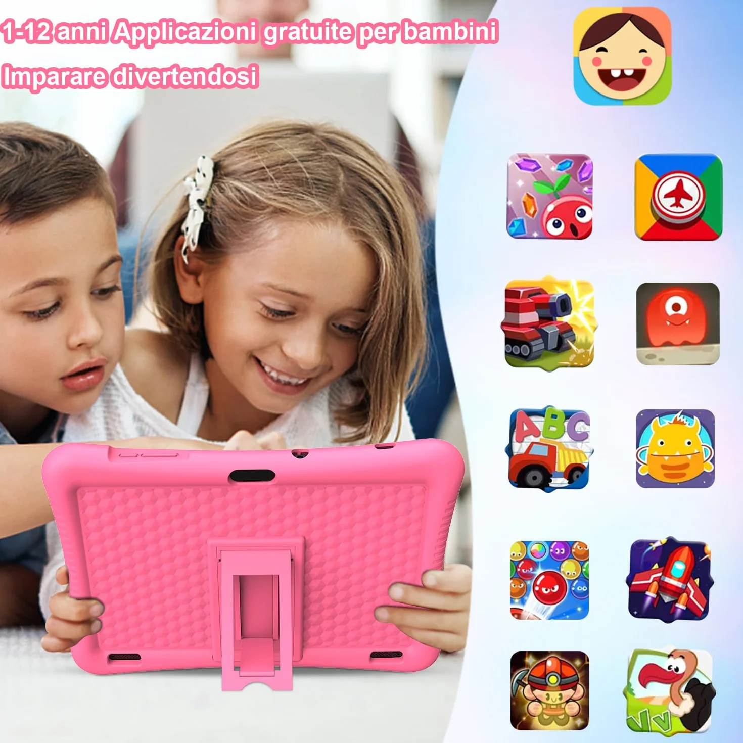Tablet Bambini 10 Pollici Android 13, 3GB RAM+32GB ROM (256GB Espandibile), Controllo Genitori,1280x800 HD Display, 6000 mAh, WiFi, Doppia Fotocamera con Custodia(Rosa)