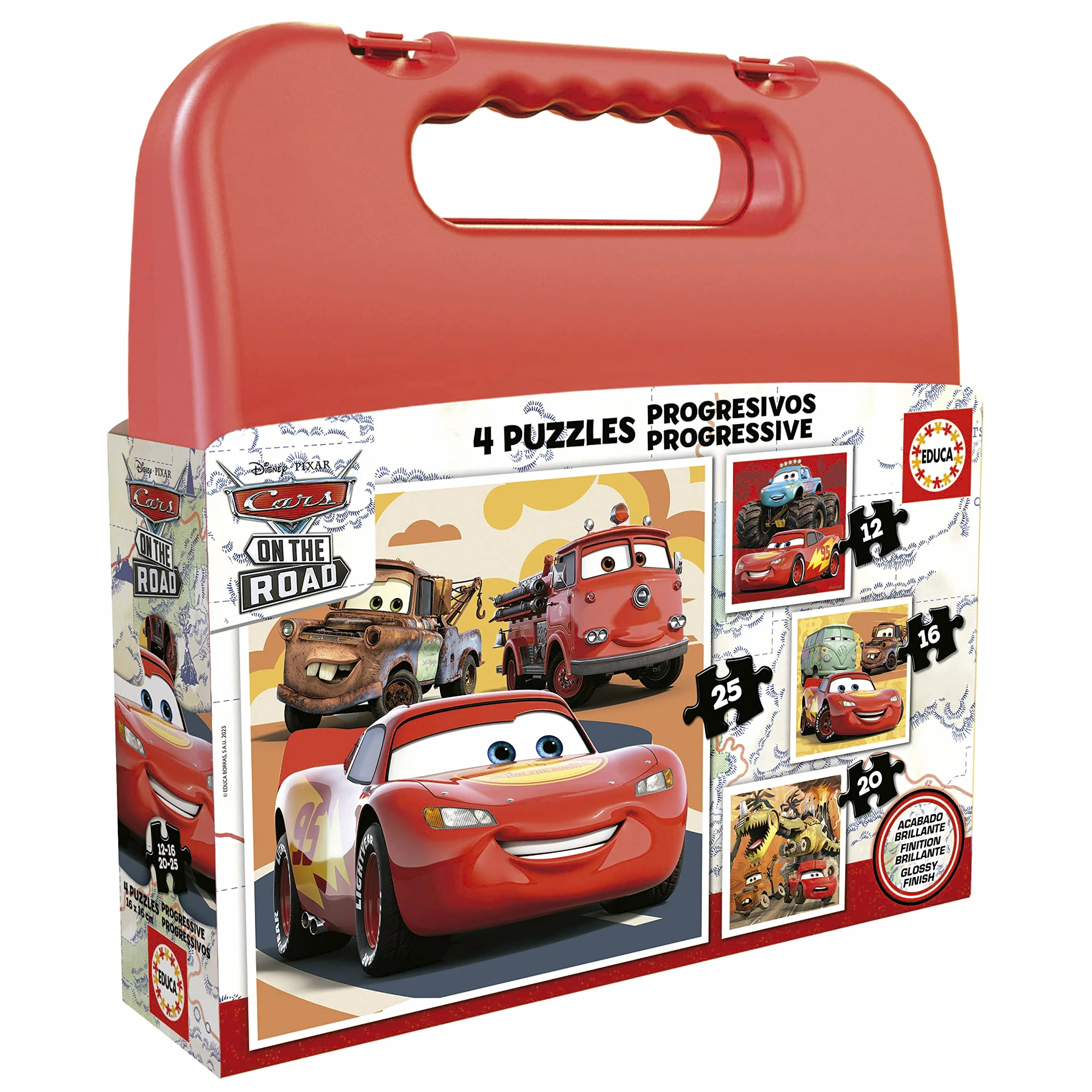 Educa - Cars Puzzle progressivi | Insieme di 4 puzzle progressivi per bambini di 12,16,20 e 25 pezzi presentati in una valigetta; Per i bambini da osare con livelli diversi. Misure: 16x16cm (19677)