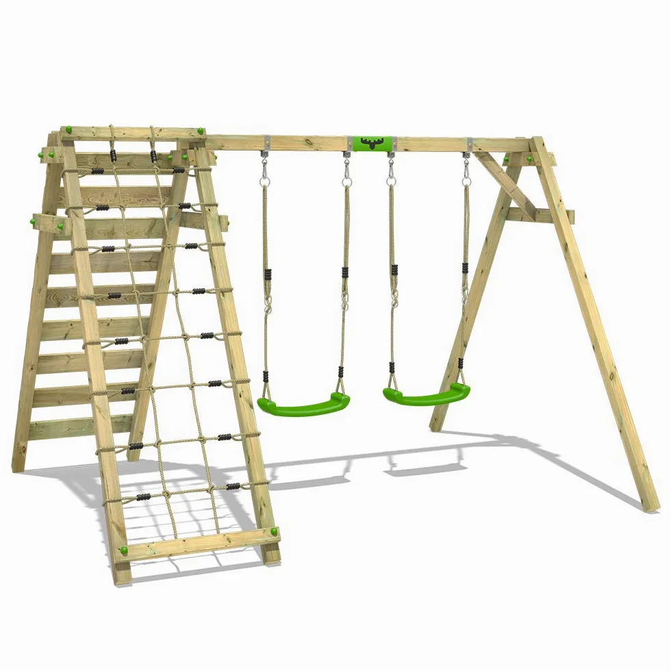 Altalena FATMOOSE JollyJungle per bambini verde mela in legno | Rete per l'arrampicata, Altalena doppia, Ampliamento per arrampicate, Da esterno o da giardino