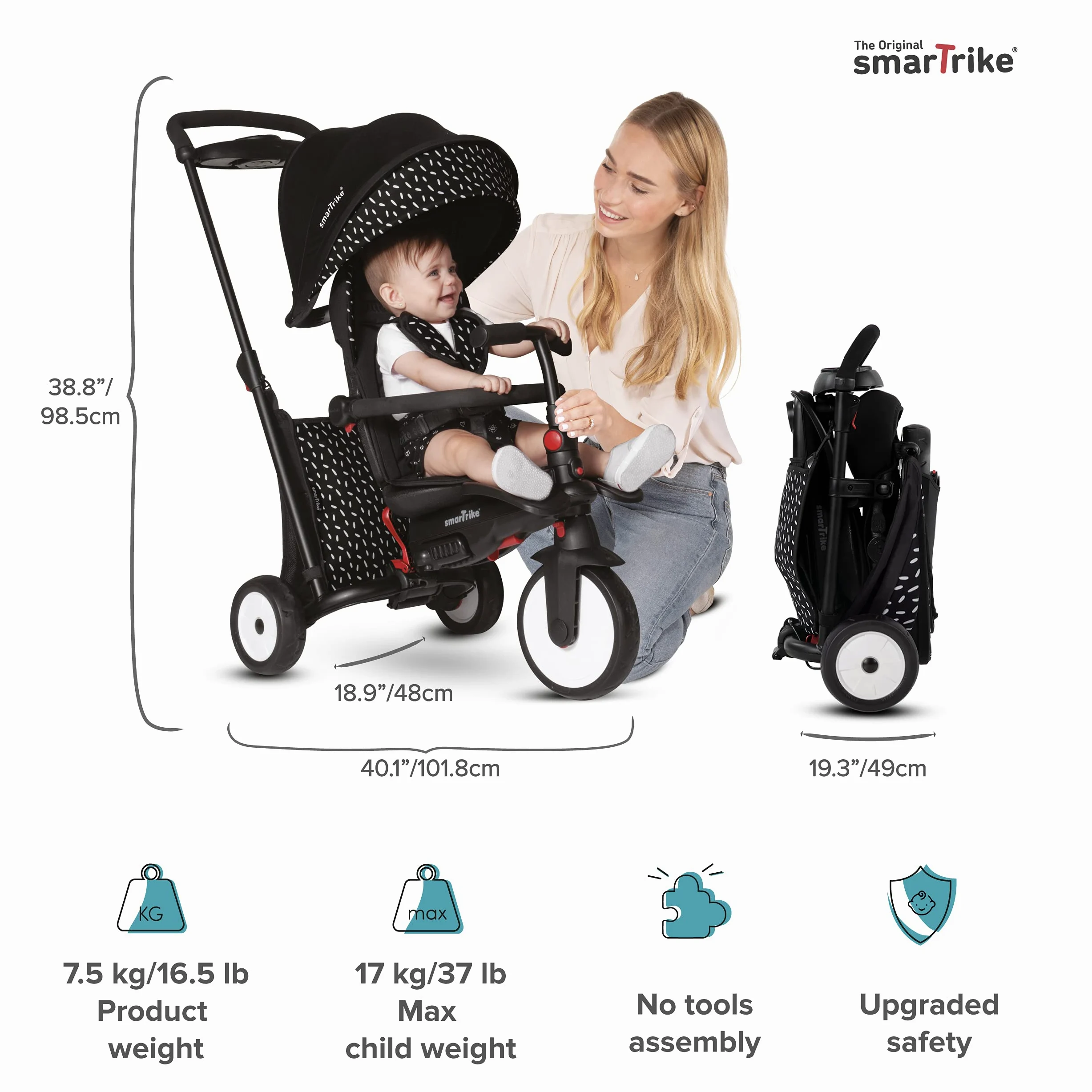 smarTrike STR5 - Trike pieghevole per bambini, con certificazione per passeggino da 1 a 3 anni, 7 in 1, multi-stadio (nero e bianco)