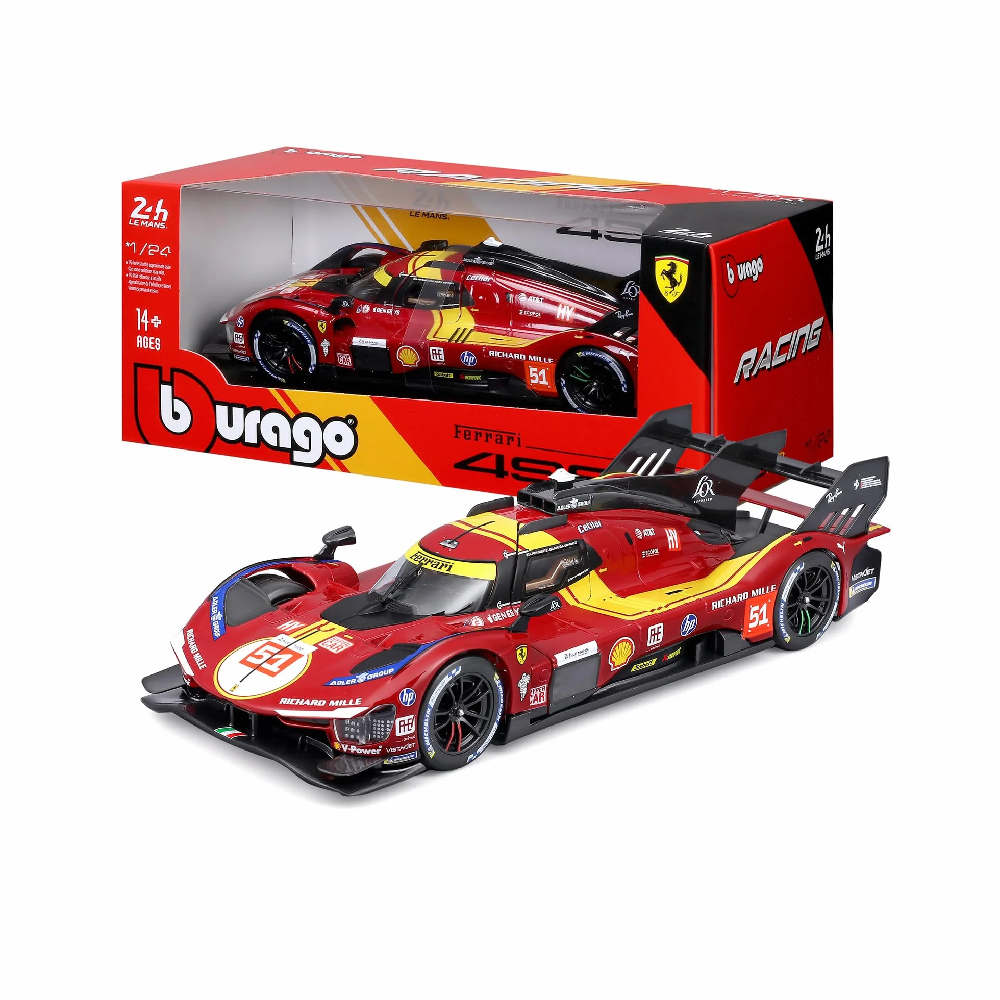 Bburago - Ferrari 499P 24H LMS Hypercar 2025#51, Auto Diecast in Scala 1:24, Replica Dettagliata della Protagonista di Le Mans, Portiere Apribili, Licenza Ufficiale Ferrari, Età Consigliata 14+ Anni