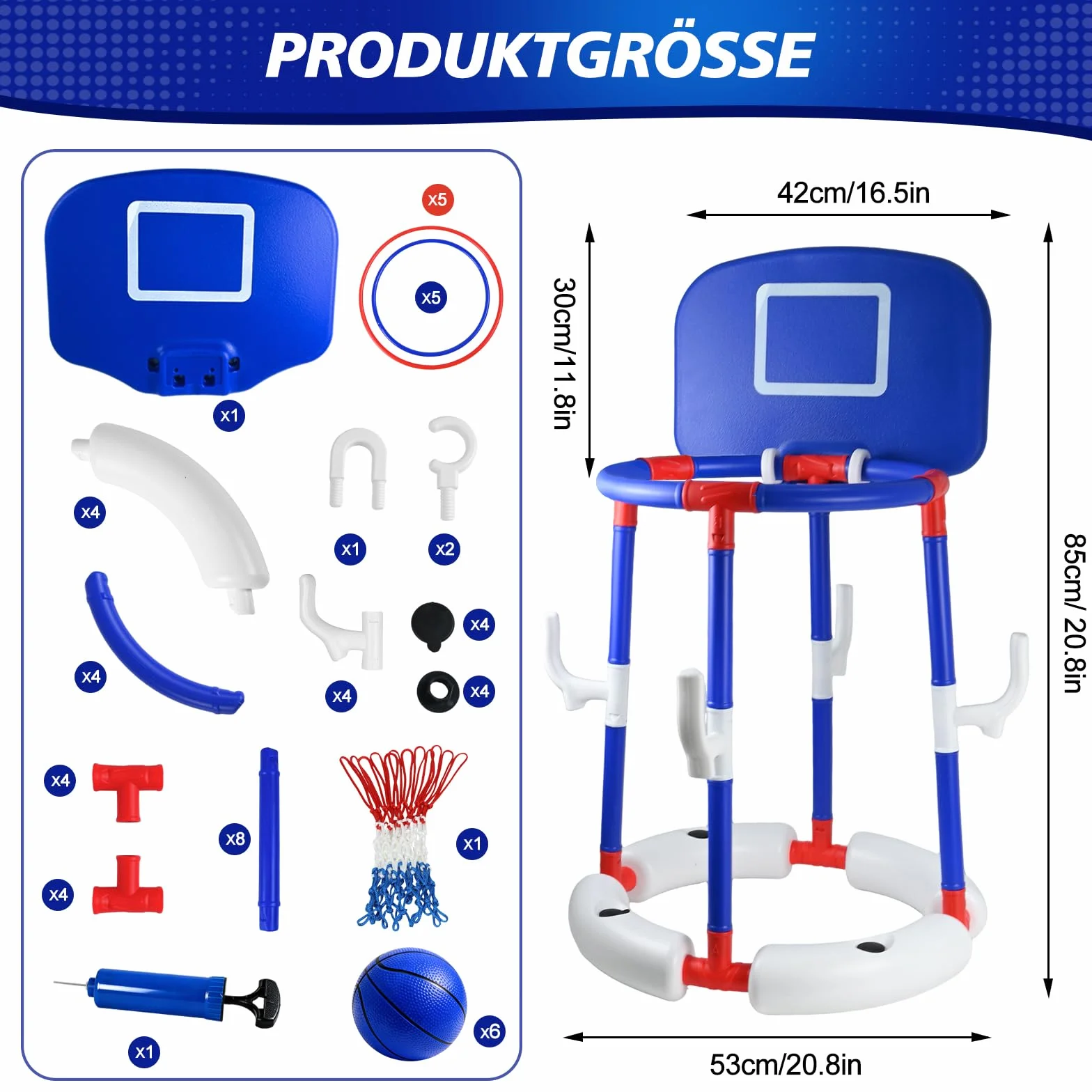 Joellfuner Canestro da Basket per Piscina, Canestro Piscina Galleggiante, Set da Canestro Basket Piscina, con 6 Palloni e Pompa, Gioco Acqua Cerchi da Lancio, Giochi Piscina per Bambini Adulti (Blu)