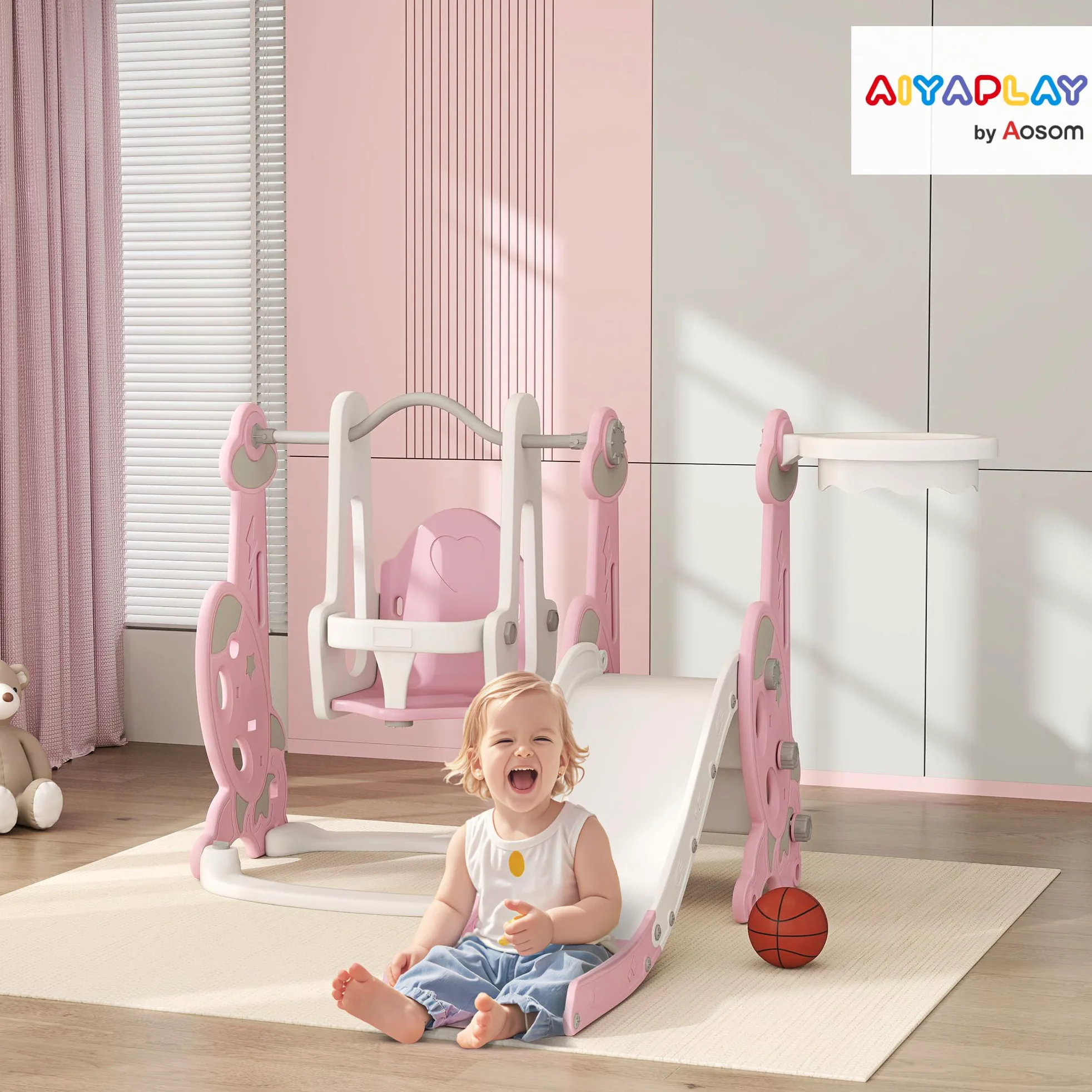 AIYAPLAY Scivolo per Bambini 4 in 1 con Altalena da 18-48 Mesi Rosa | Scivolo da Giardino Autoportante, Scaletta da Arrampicata, Cestino da Basket, Set Parco Giochi per Interni ed Esterni