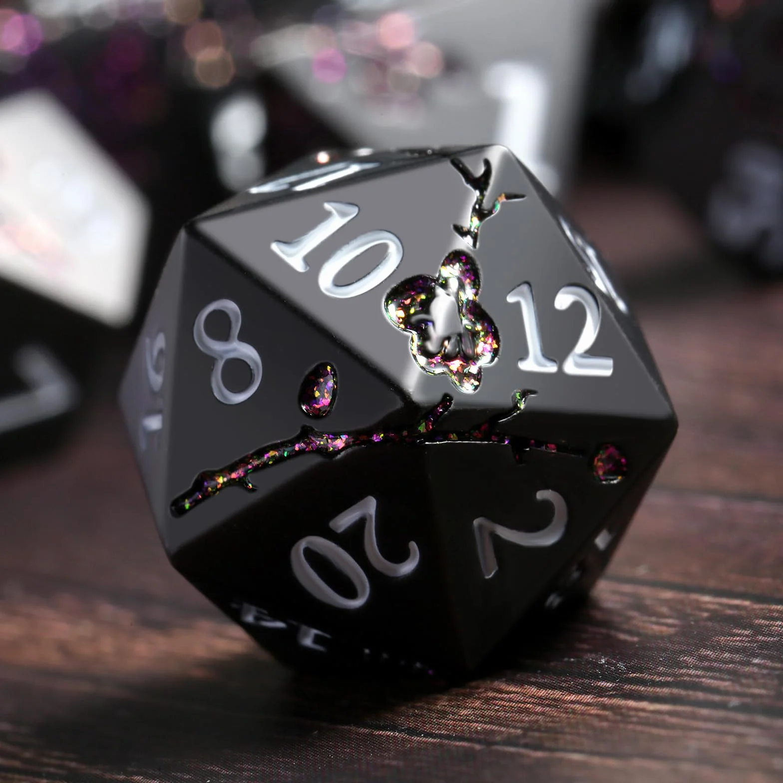 Glitter Purple Metal D&D Dice, 7 PCS Flower Metallic DND Dice Set with Grogeous Gift Case for Dungeons and Dragon Tabletop Game (Matte Black with Glitter Purple Flower)