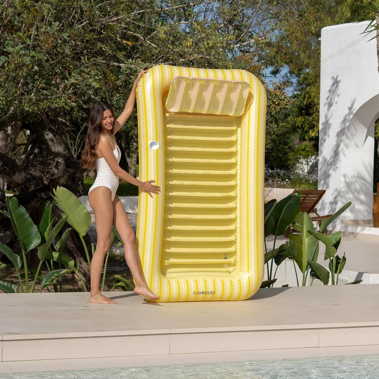 Flamingueo Materassino Mare - Tanning Pool Individuale - Portabicchieri Incluso - PVC Resistente - Dimensione Grande - Cuscino Smontabile