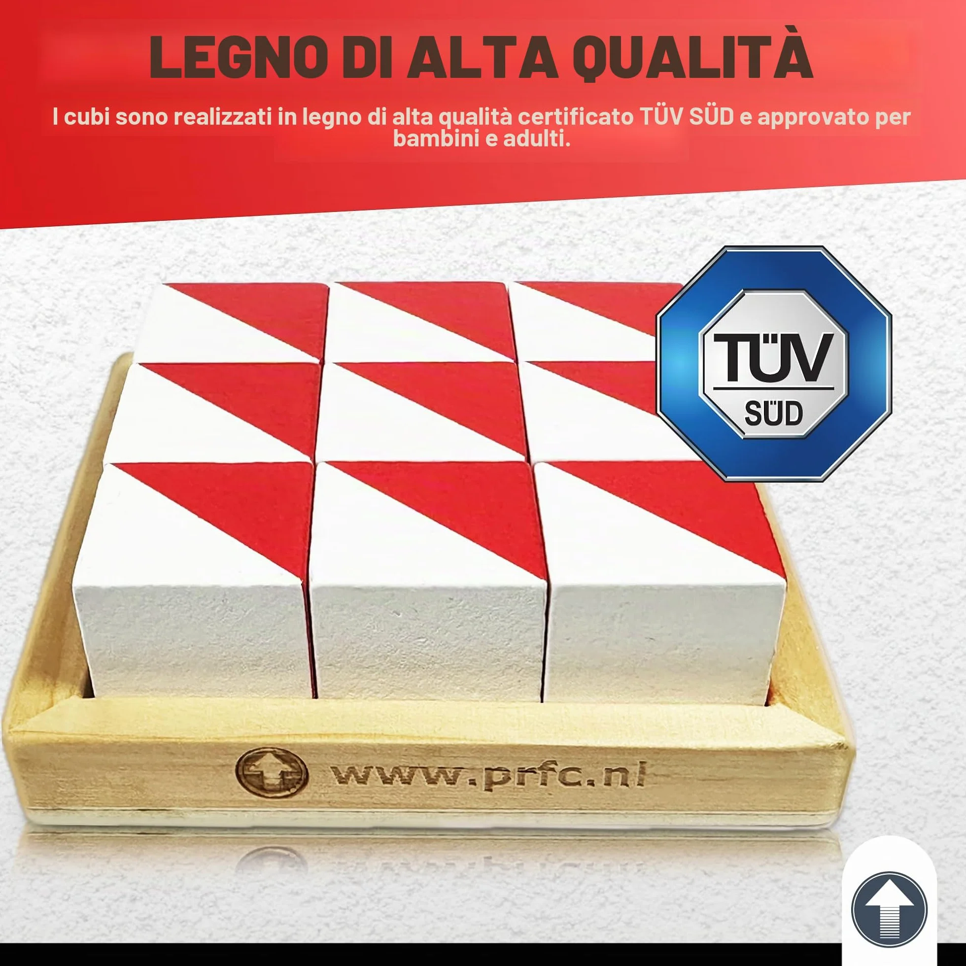 PrfcNL Blocchi di Prova IQ - 9 Cubi in Legno Bianco e Rosso con 60 Modelli e App Mobile, Ideali per WISC, WAIS, Prep WPPSI, Giocattolo Regalo Montessori Educativo STEM per Tutte le Età
