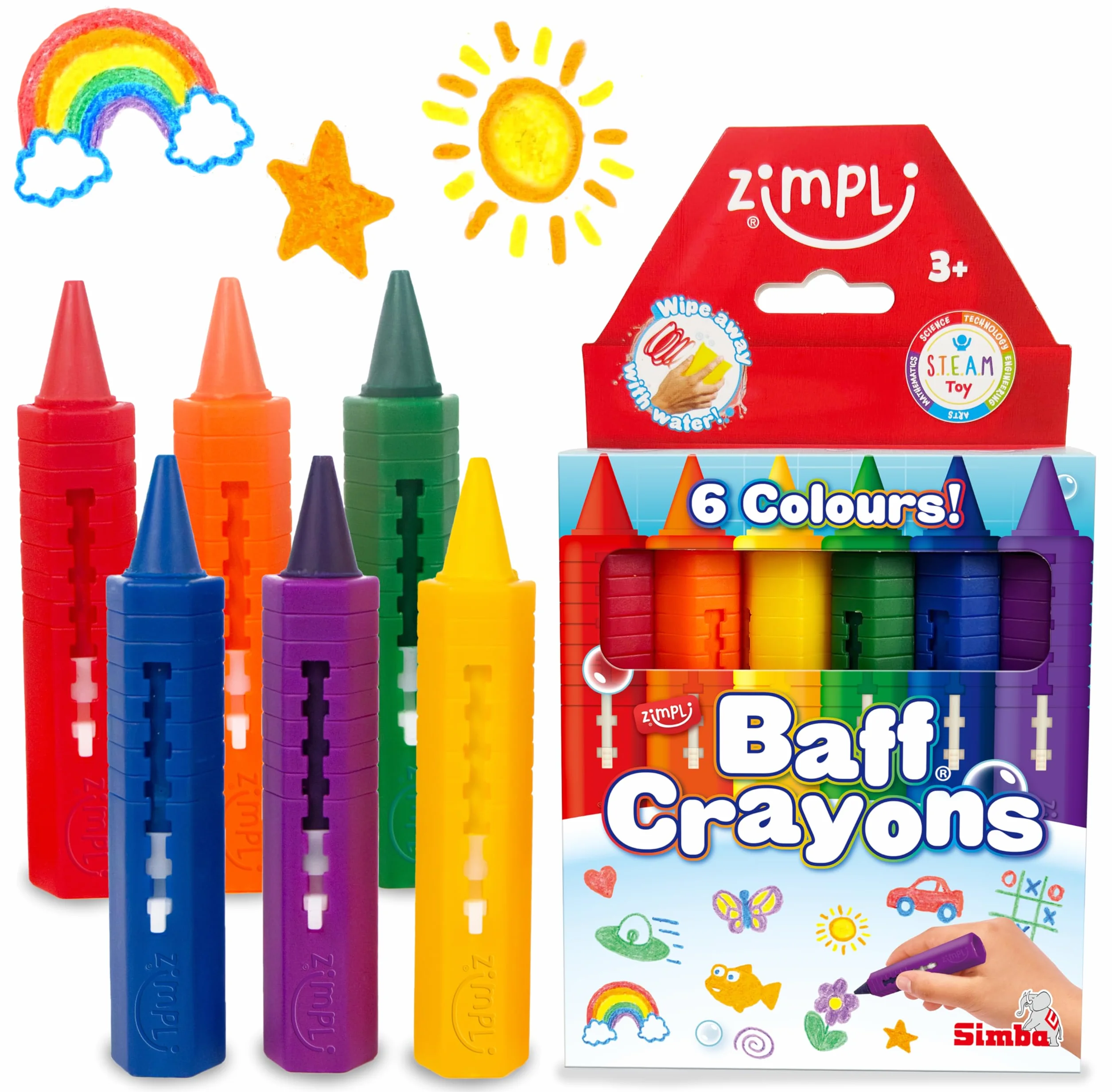 ZIMPLI - 6 Grandi Pastelli da Bagno, Pennarelli Lavabili e Colorati per Bambini, Giocattolo Creativo per la Doccia Senza Sporco, Divertimento in Vasca Facile da Pulire