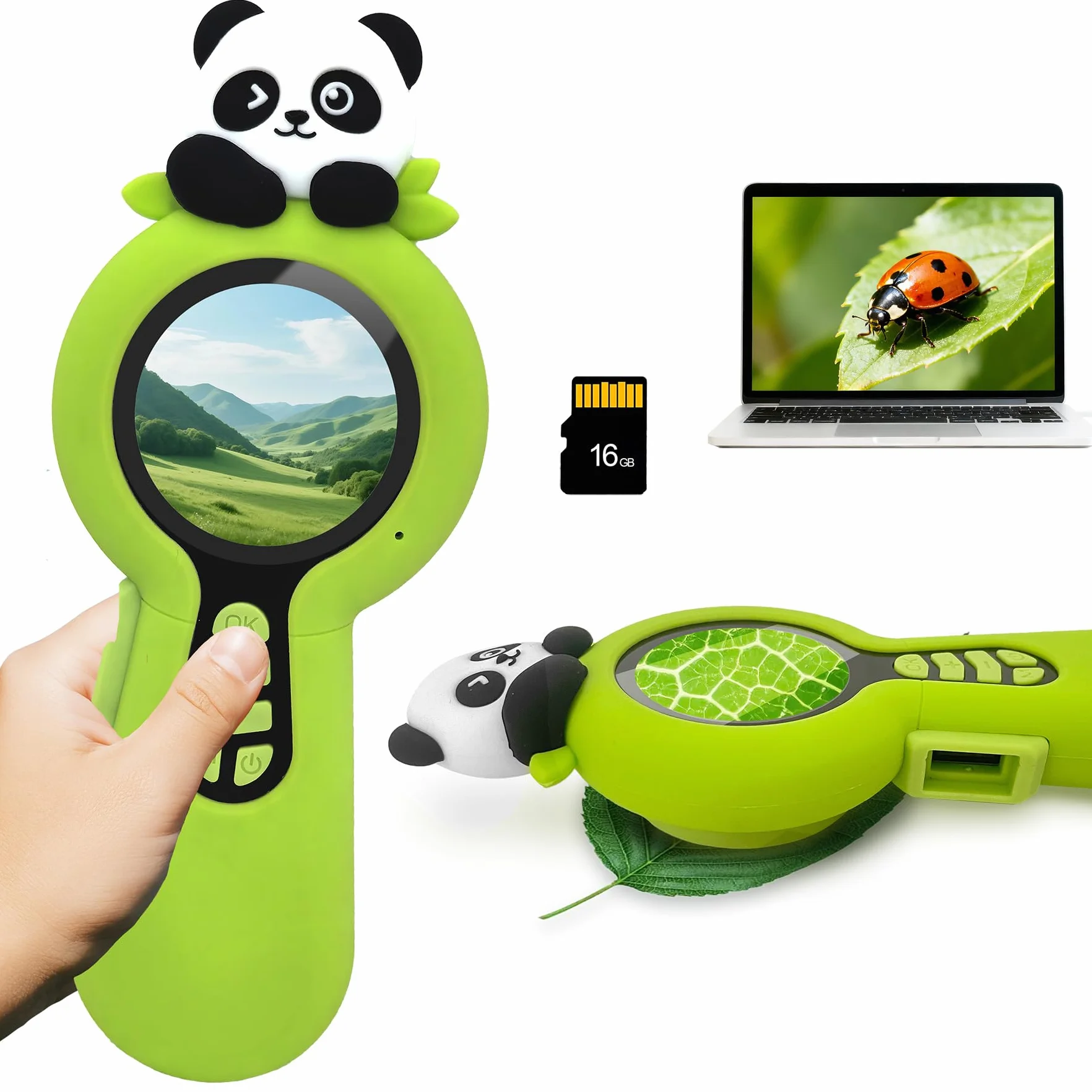 Microscopio digitale 2 in 1 per bambini, un obiettivo per fotocamera e un obiettivo per microscopio, microscope for kids 100X, piccoli esploratori, 16GB, Panda