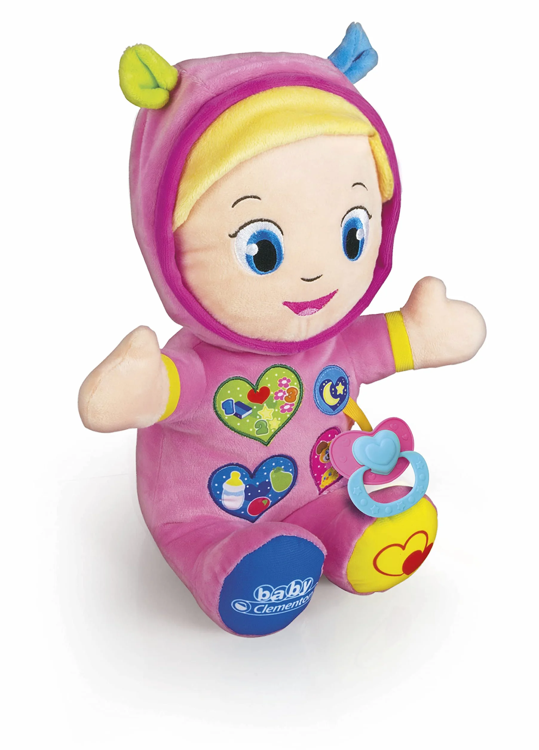 Clementoni Baby Alice, la Mia Prima Bambola, Peluche Bambini 10+ Mesi, Centro Attività con Ciuccio e 3 Tasti per Imparare Forme, Numeri, Colori, Parole e Versi degli Animali, Lingua Italiana, 17201