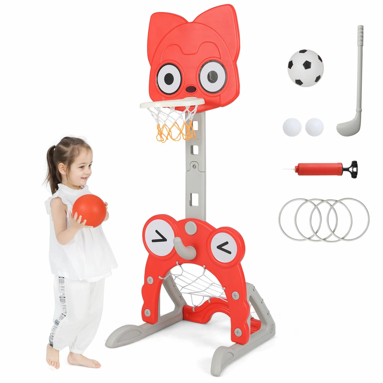 COSTWAY Canestro da Basket 4 in 1 per Bambini 3+ Anni, Altezza 118-148 cm | Centro di Attività Forma Volpe in HDPE con Golf, Calcio e Anelli da Lancio, Base Riempibile, per Cameretta e Asilo Nido