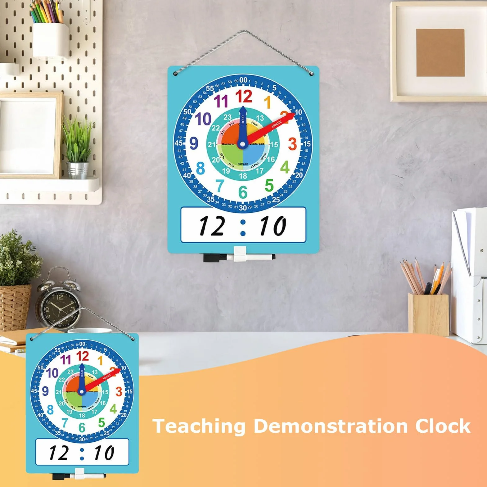 Orologio didattico - Orologio didattico, apprendimento educativo per bambini | Strumento per esercitarsi sul doppio lato con area di scrittura cancellabile a secco, risorsa educativa in stile p