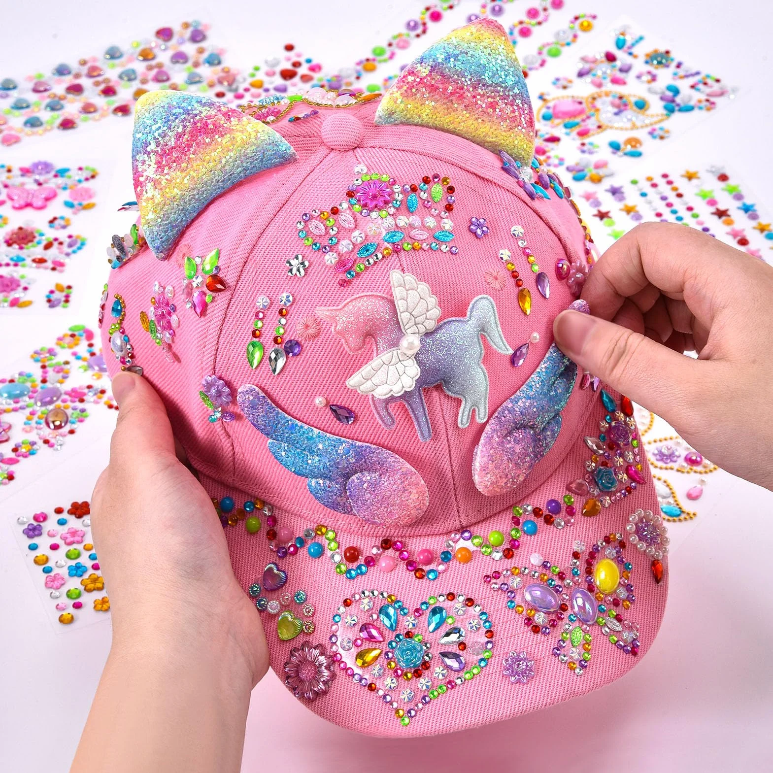 vamei Regalo per Ragazza 4 5 6 7 8 9 10 11 Anni Fai Da Te Cappellino da Baseball DIY Berretto con Adesivi per Unicorno Strass Decora Cappellino da Baseball Regali di Compleanno Ragazza