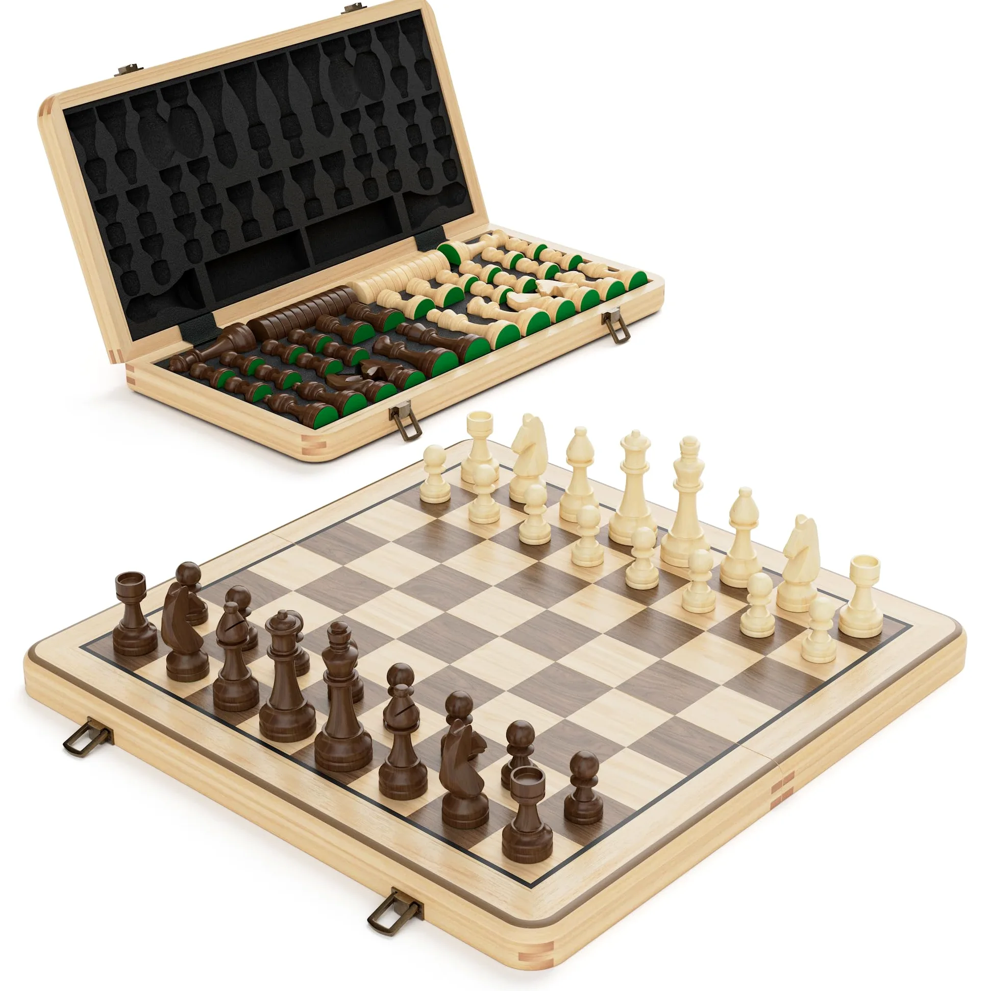 Set Scacchi e Dama 2 in 1 da 38cm - Scacchiera in Legno Pieghevole con Pezzi Staunton da 7,6cm e 2 Regine Extra - Gioco da Tavolo di Alta Qualità