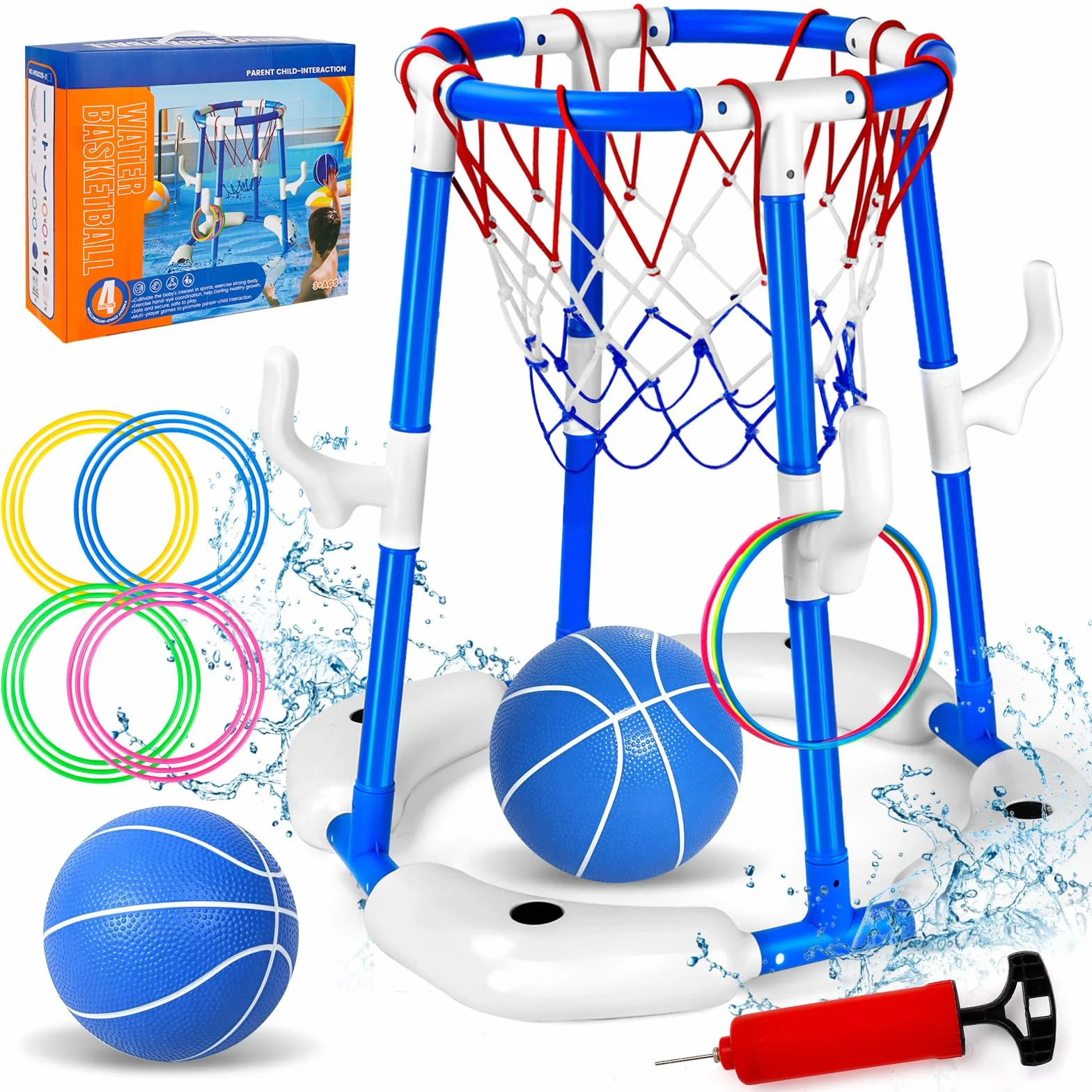 Canestro Basket Piscina, 2 in 1 Canestro da Basket Galleggiante per Piscina, Pool Basketball con 2 Palline, 12 Anelli e Pompa, Giochi Acquatici per Feste in Estive per Bambini e Adulti