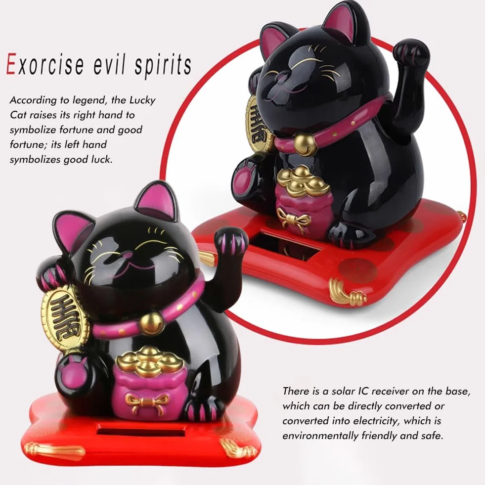Gatto Ondeggiante Solare, Maneki Neko Fortunato, Alimentato Ad Energia Solare per Negozi, Ristoranti E Decorazioni per La Casa (Nero)