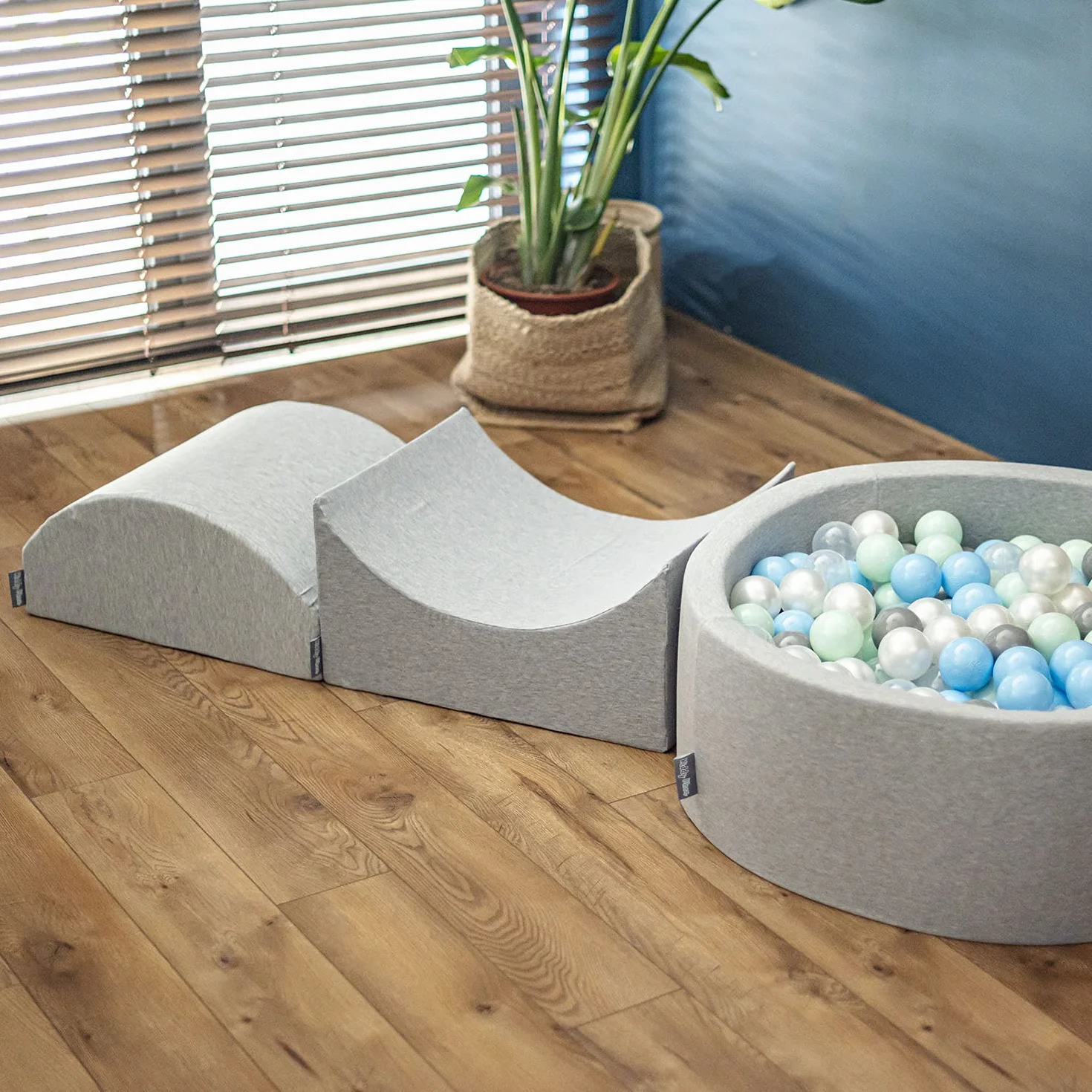 KiddyMoon Area di Gioco in Schiuma con Tondo Piscina di Palline (200 Palline) per Bambini, Grigioch:Bianco/Grigio/Menta