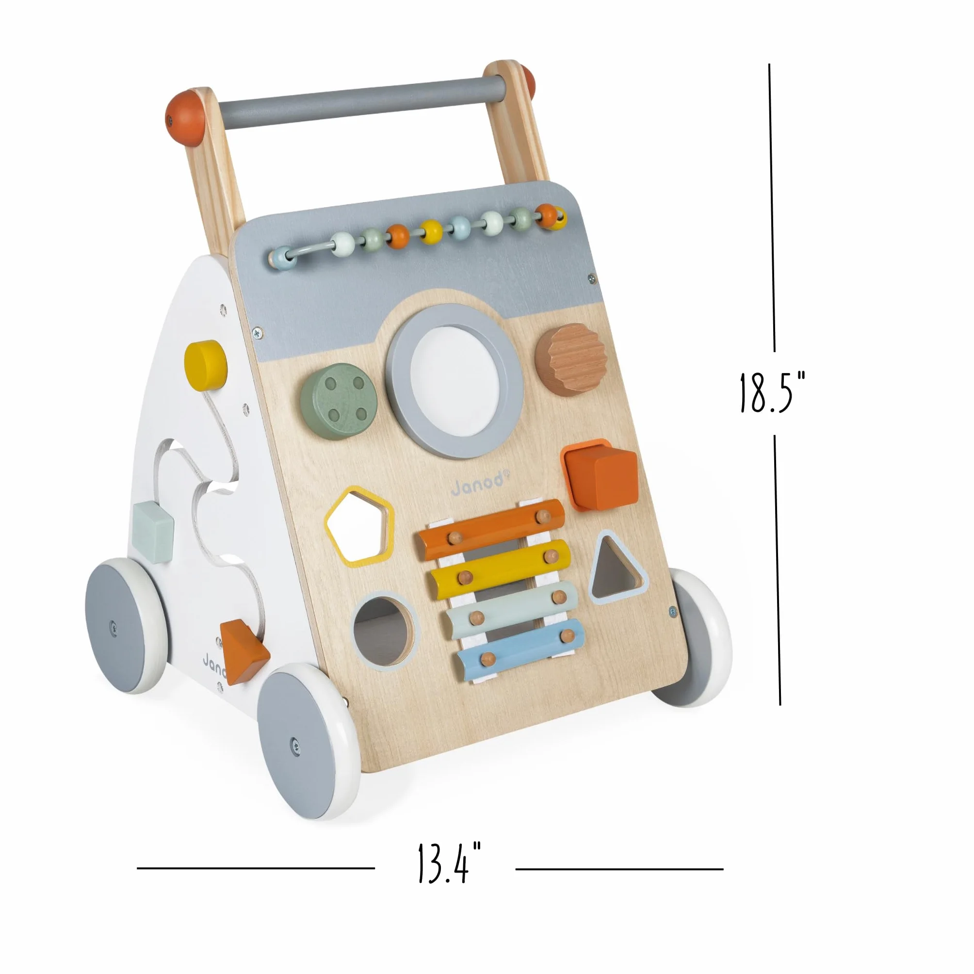 Janod - Carrello Multi Attività Sweet Cocoon - Carrello Primi Passi in Legno a Spinta - 9 Attività - Ruote Silenziose, Vernice Ad Acqua - Giocattolo per Bambini Evolutivo da 12 Mesi, J04410