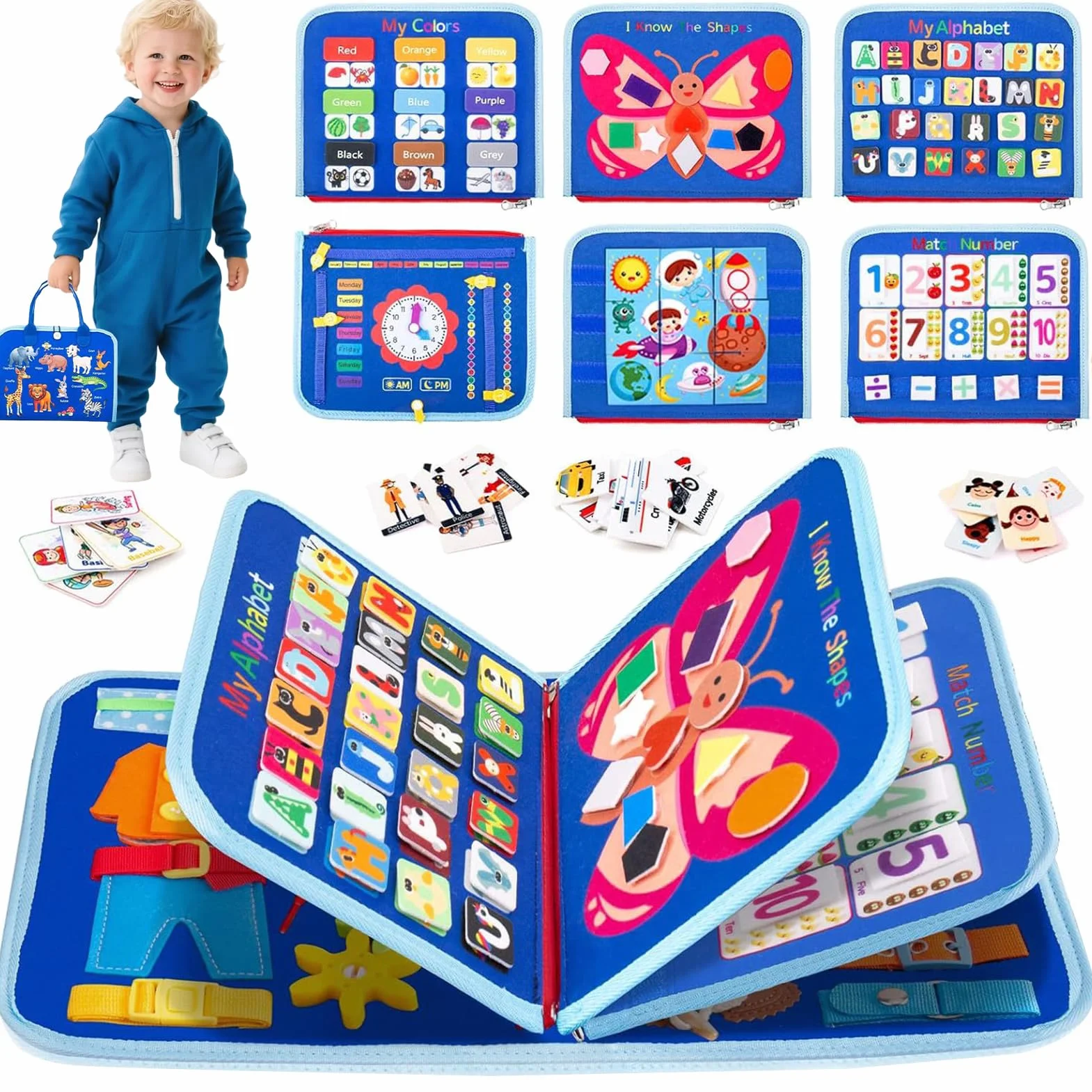 Busy Board Quiet Book Montessori per bambini, ragazzi e ragazze, giocattolo interattivo, in feltro morbido, educazione precoce, giocattolo da viaggio, regalo (blu, stile 2)