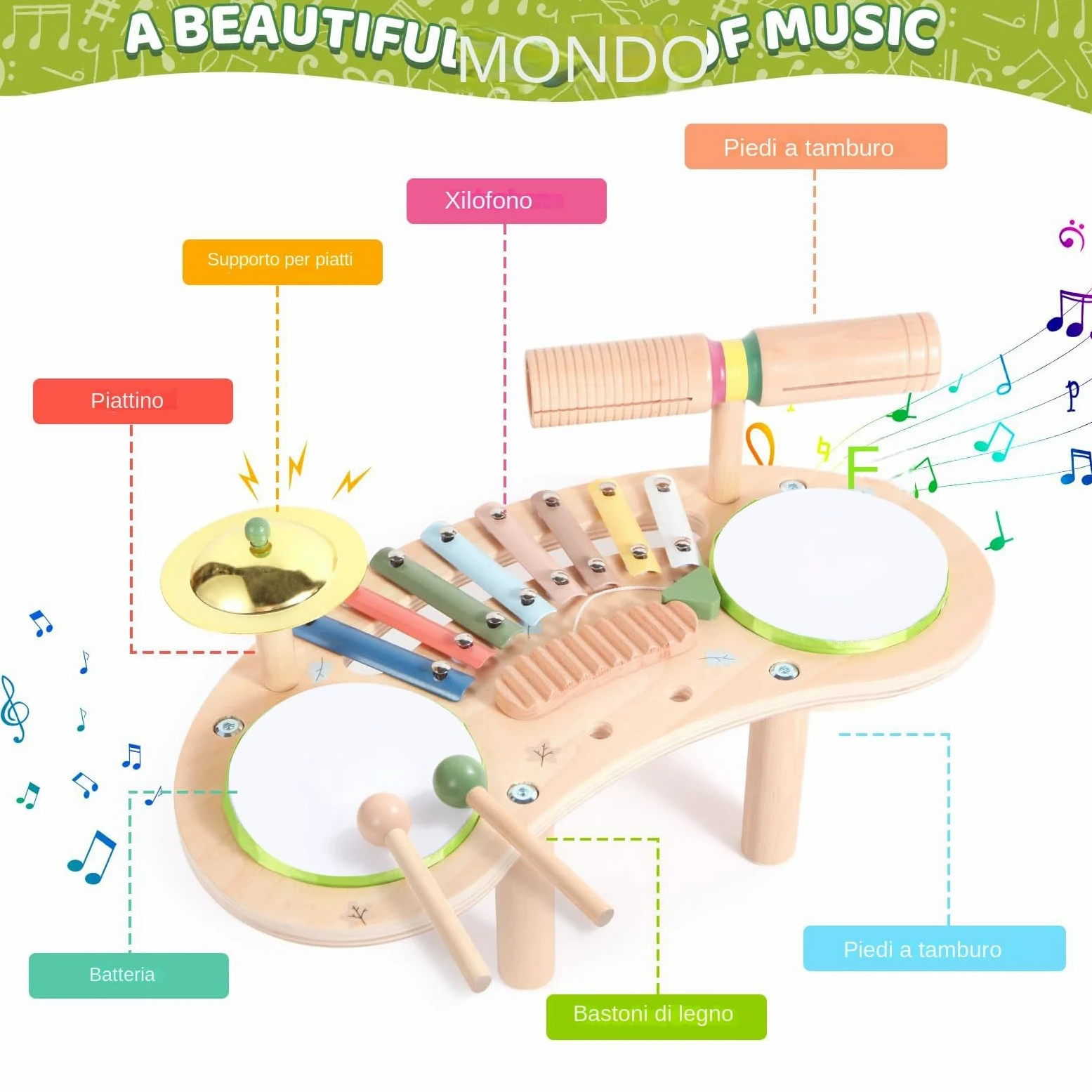 Set Batteria per Bambini in Legno per Bambini | Giocattoli per lo Sviluppo Precoce per Regalo Compleanno Festa Bambini Asilo Scuola Materna Homeschooling